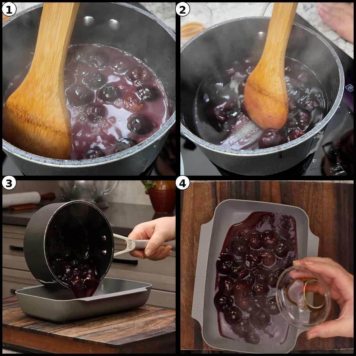 Step-by-step collage showing how to make homemade cherry pie filling