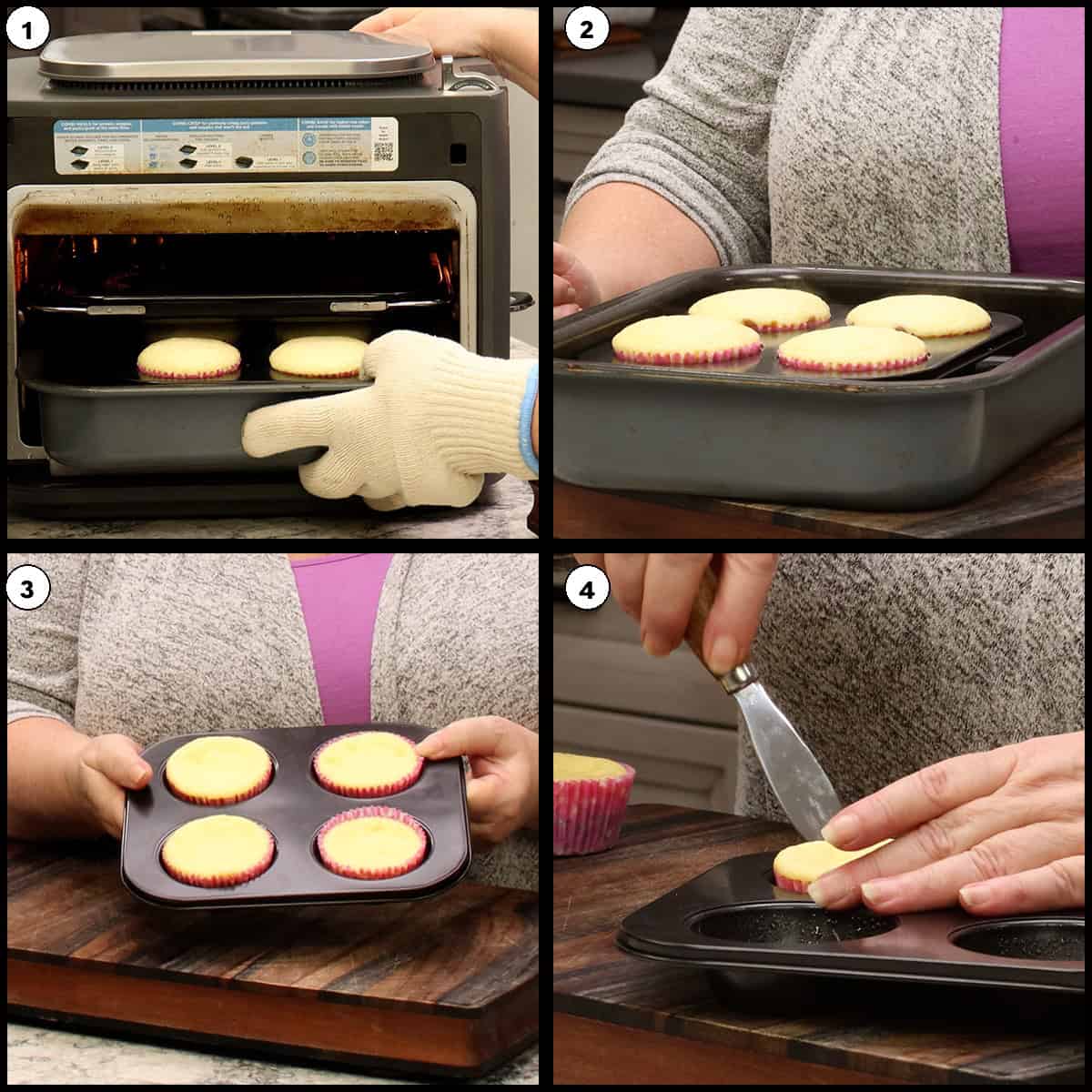 Collage showing mini cherry cheesecakes before and after cooling