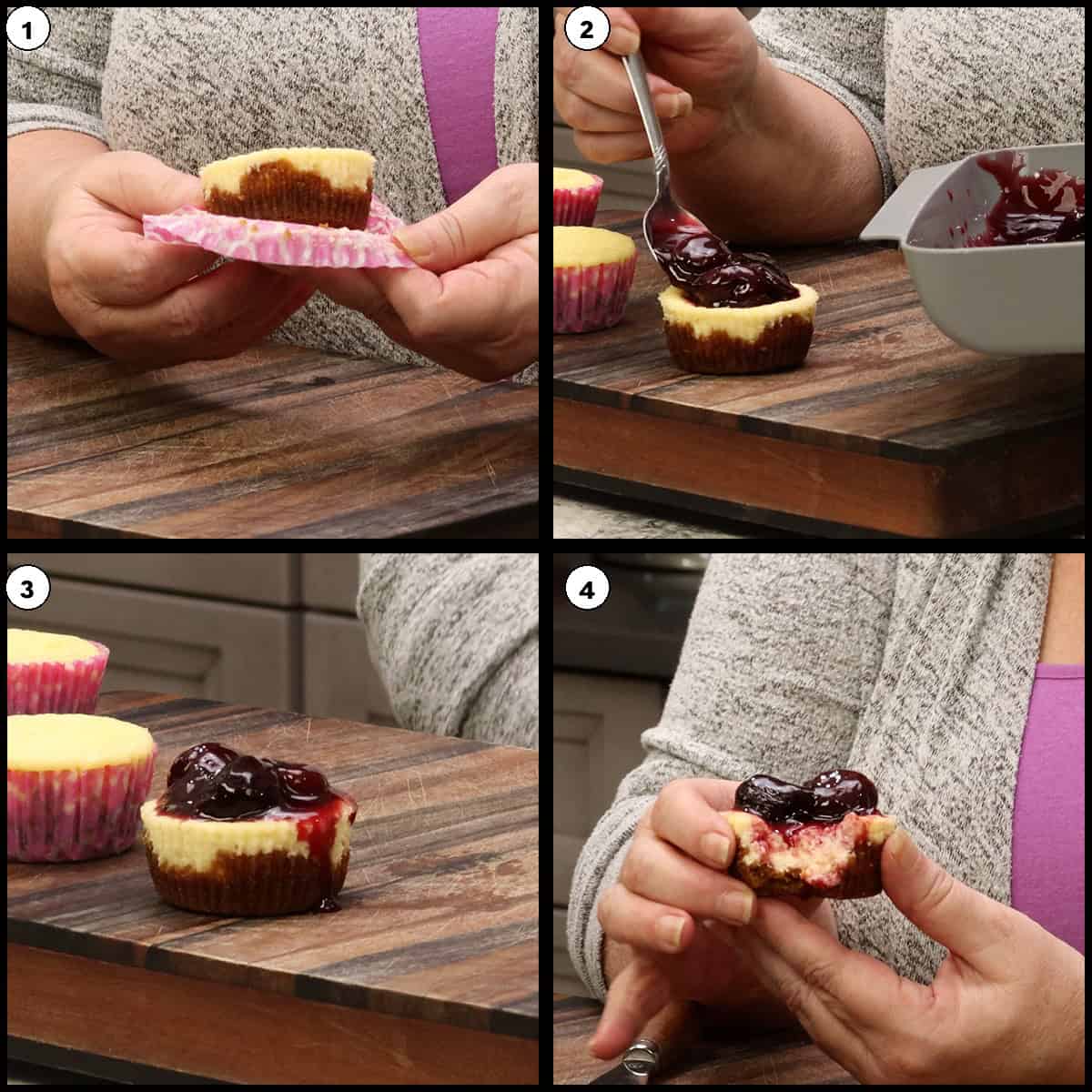 Collage showing finished mini cherry cheesecakes topped with cherry pie filling