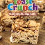 Pinterest pin image for Cinnamon Toast Crunch bars showing golden cereal bars with gooey marshmallow layers