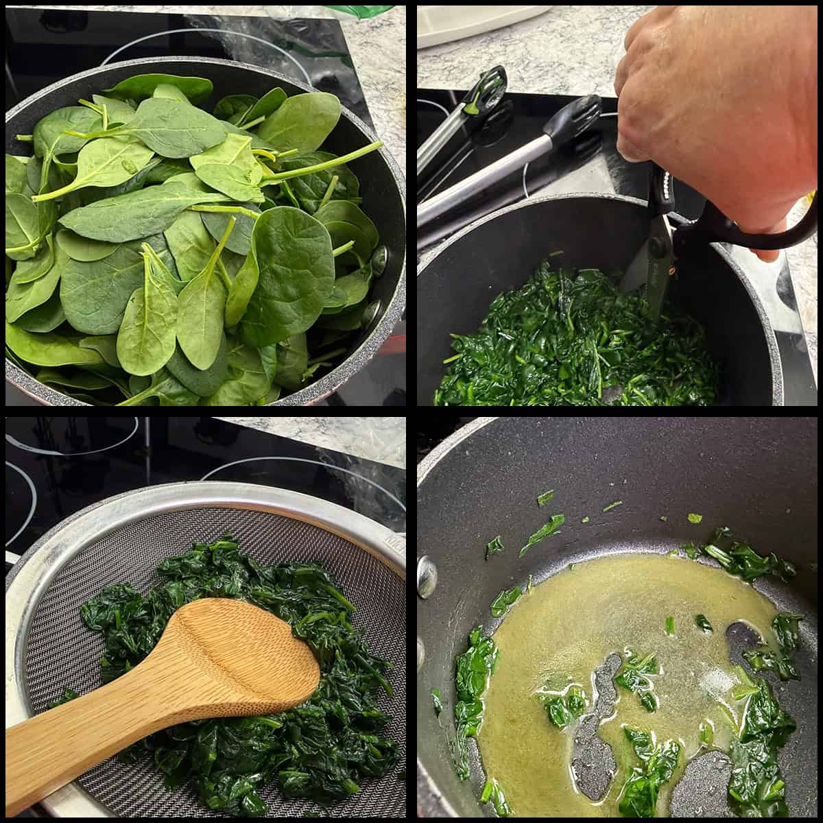 cooking fresh spinach for cheesy spinach dip.