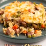 Ham and cheese pasta bake with golden melted cheese served on a teal plate