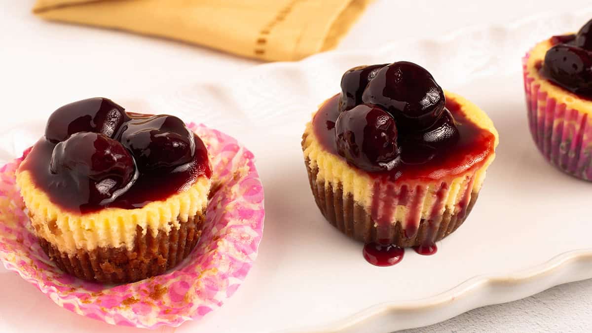 Mini cherry cheesecakes with homemade cherry pie topping