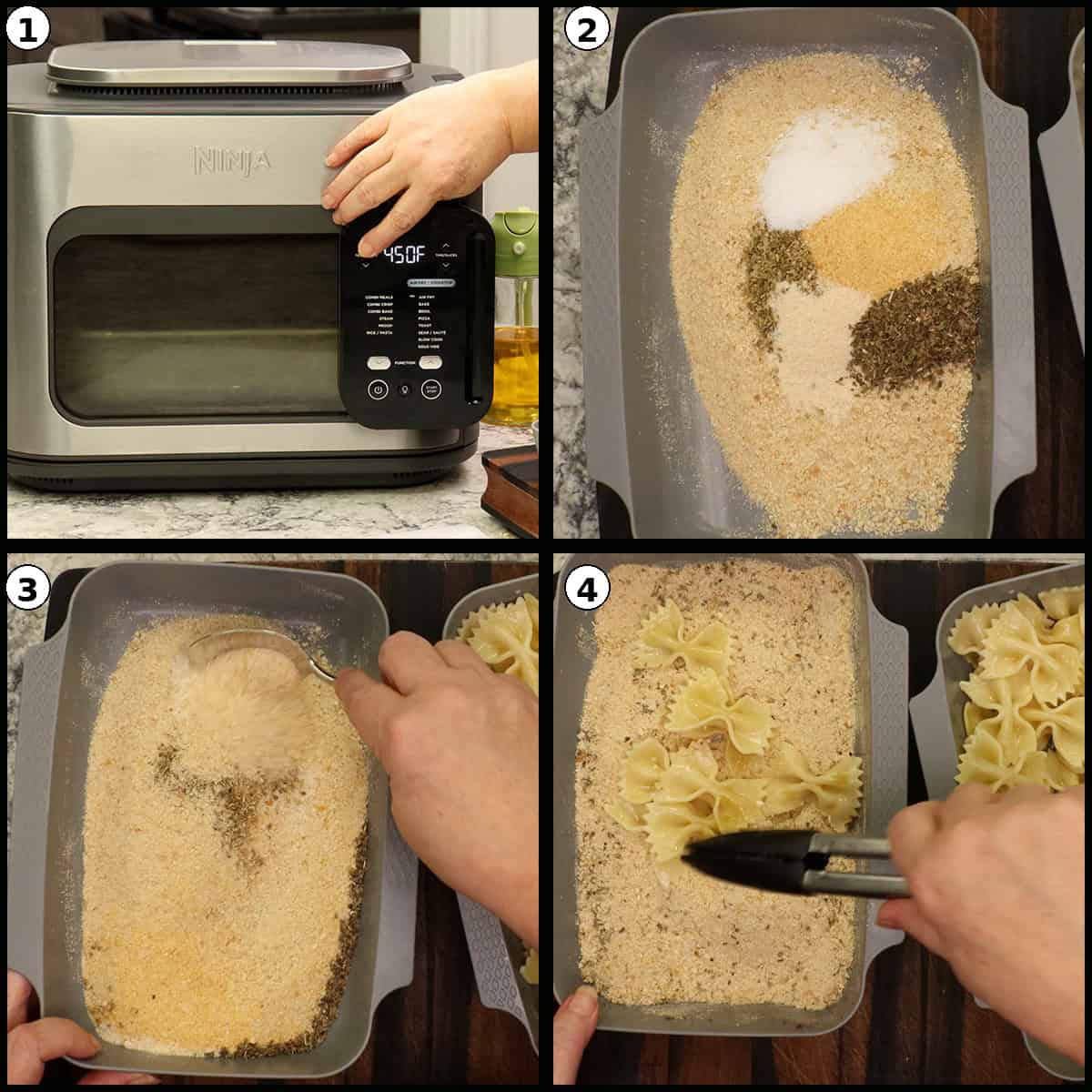 preheat and make the dry breading for air fried pasta chips.