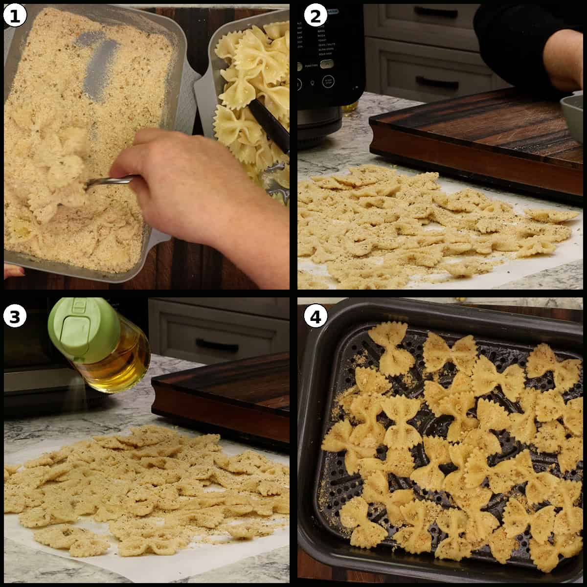 Coating pasta with bread mixture.