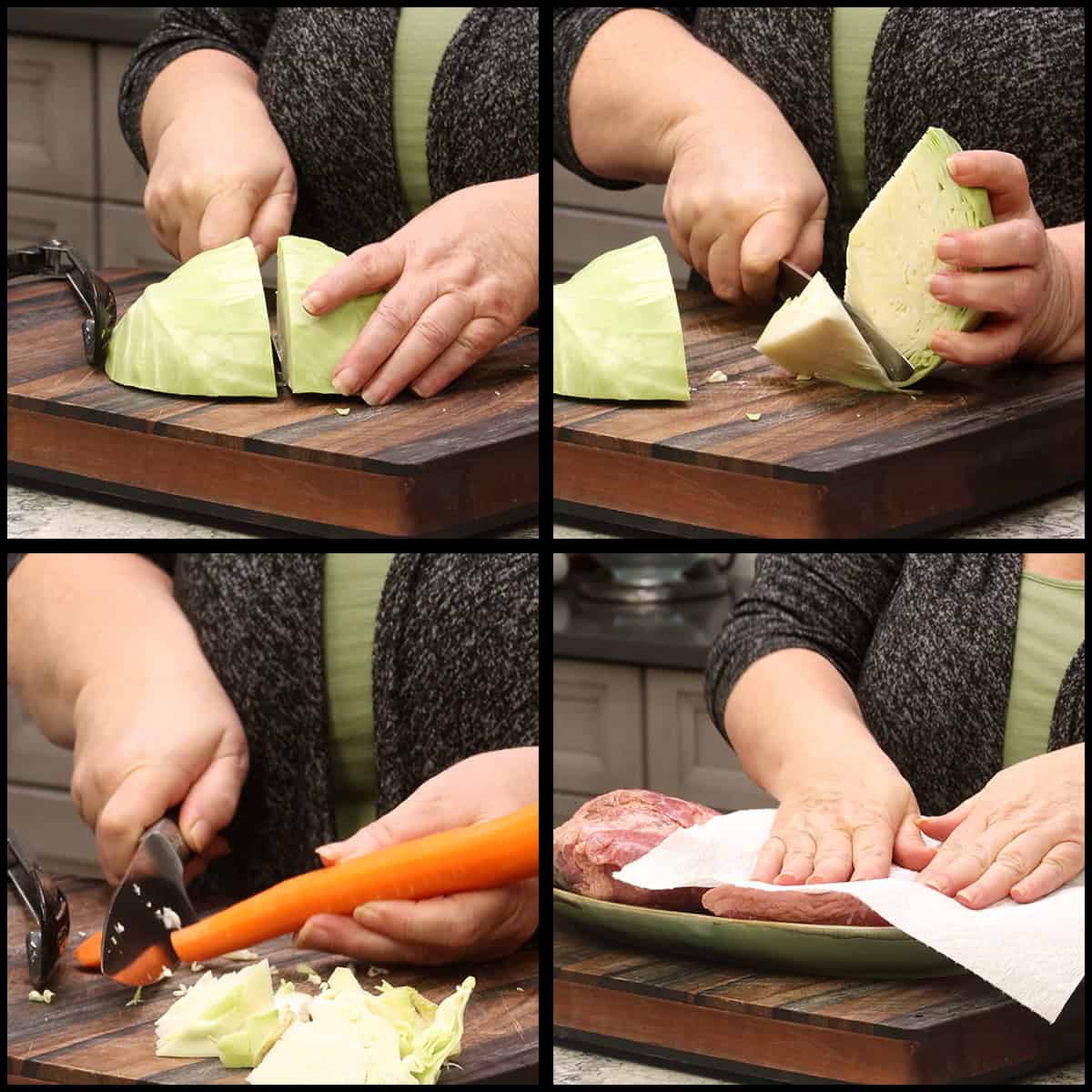 prepping vegetables and corned beef.