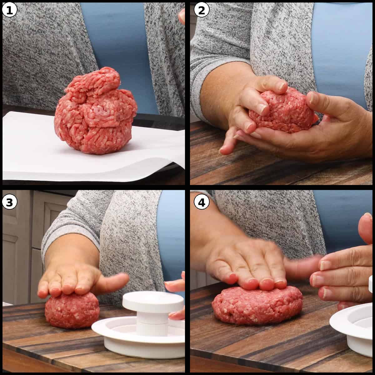 Step-by-step collage showing how to form air fryer burger patties by hand: weighing ground beef, shaping into a ball, flattening into a patty, and pressing a dimple in the center.
