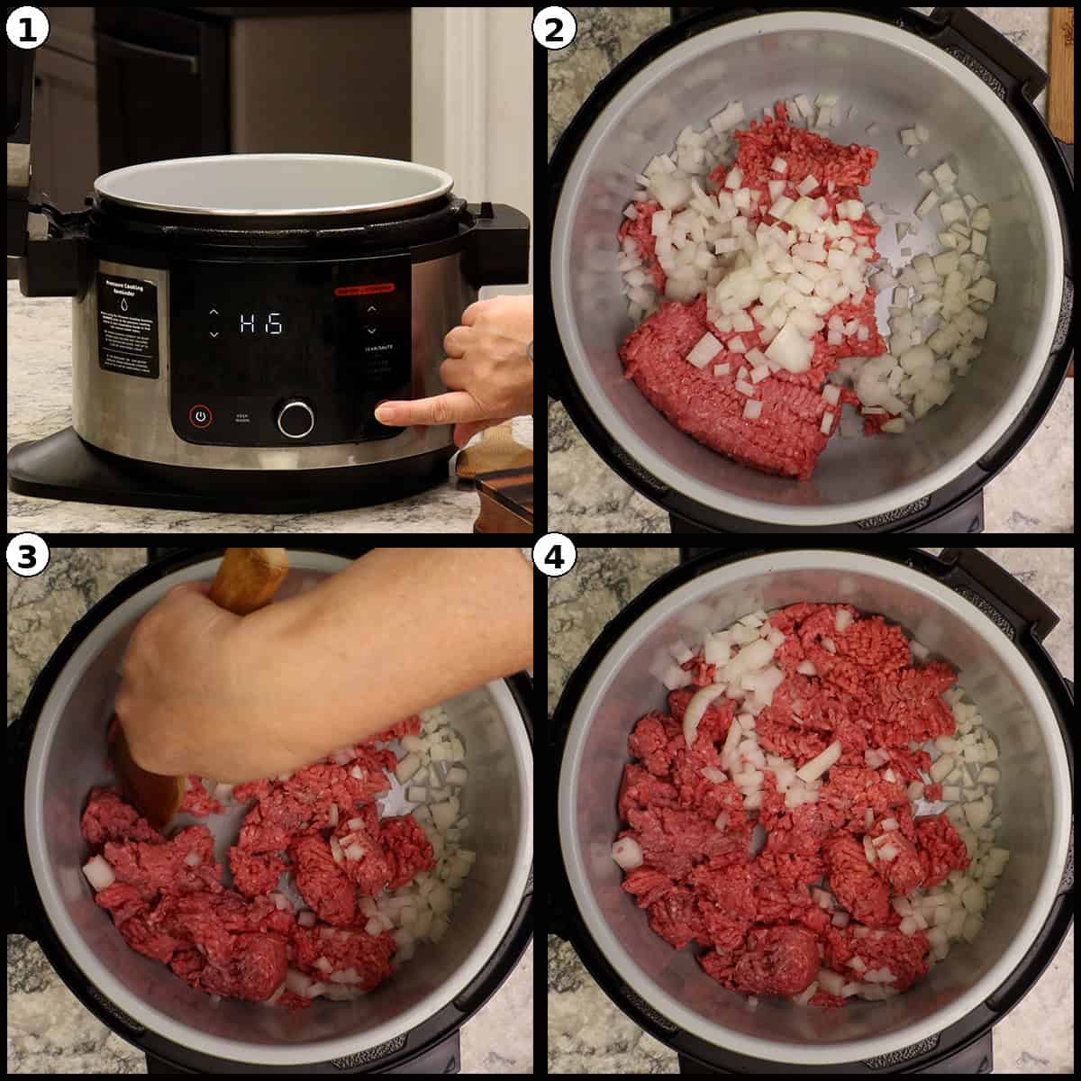 Four-step process showing how to saut&eacute; ground beef and diced onions in a Ninja pressure cooker for American goulash, from setting the saut&eacute; function to breaking up the meat with a wooden spoon.
