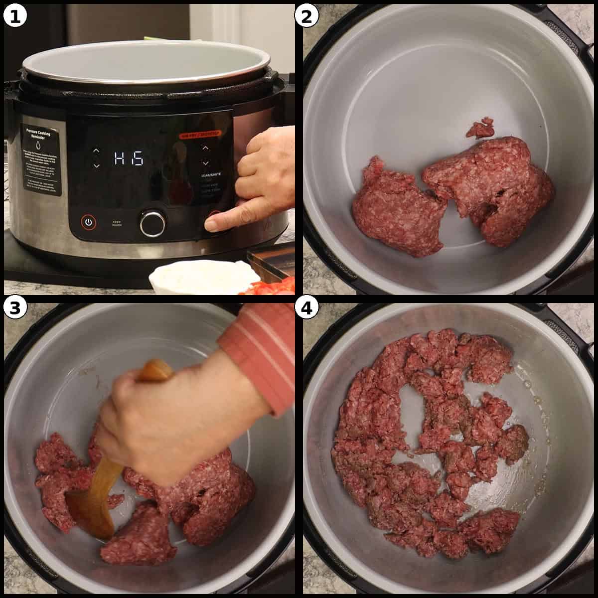 Step by step graphic with four numbered panels showing how to brown taco meat in the Possible Cooker Pro: 1) selecting the Sear Saute function and pressing Start, 2) adding ground beef to the heated pot, 3) breaking up the beef with a wooden spoon, 4) the beef mostly browned and ready for the onion.