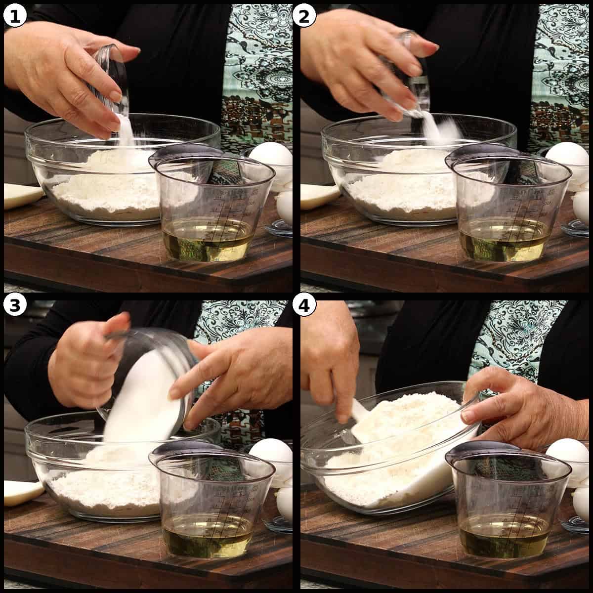 Numbered four panel collage showing dry ingredients being measured and combined in a glass mixing bowl on a wooden board, with oil and eggs set aside.