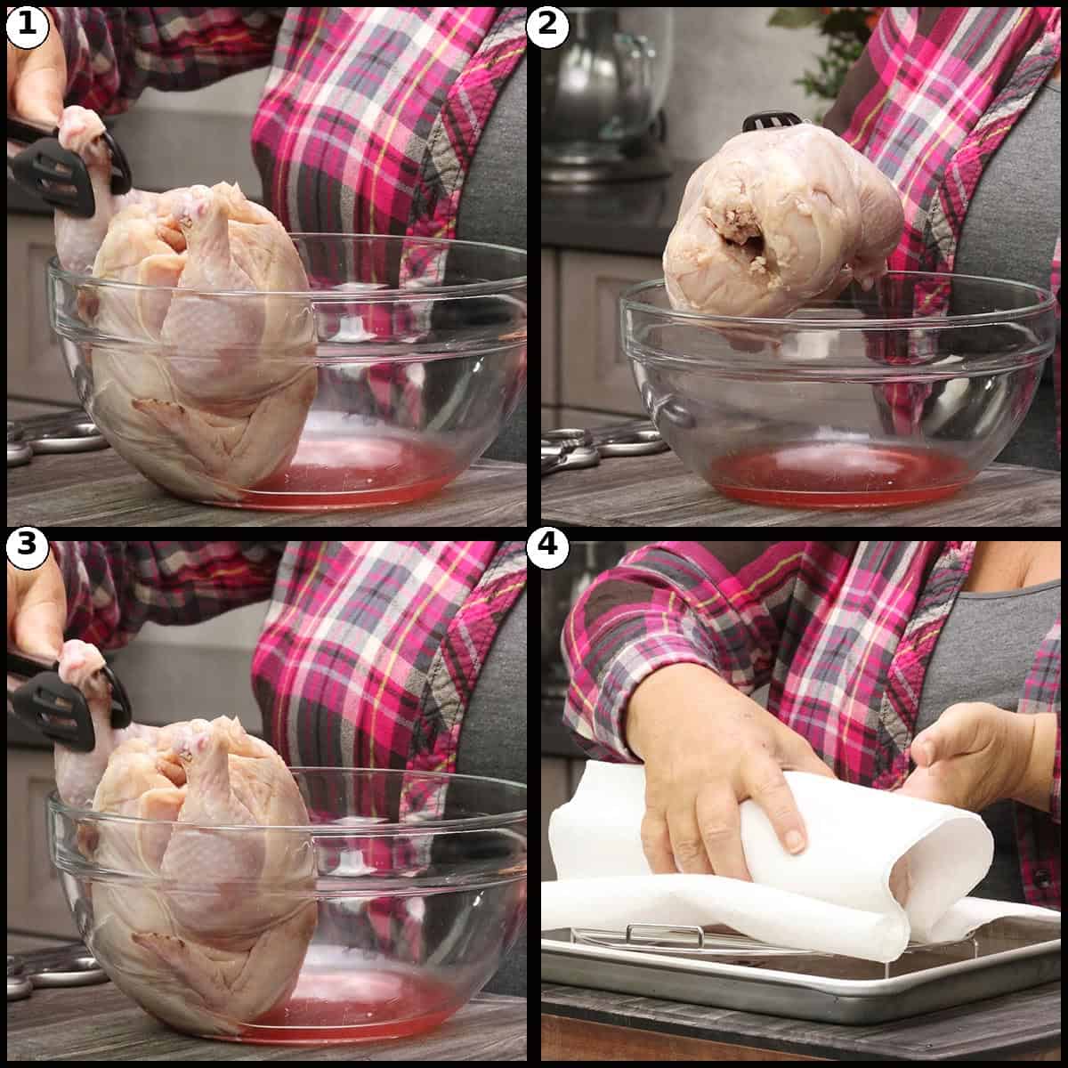 Step by step numbered collage showing prep for air fryer cornish game hens: rinsing the raw bird in a glass bowl then patting it dry with paper towels on a sheet pan.