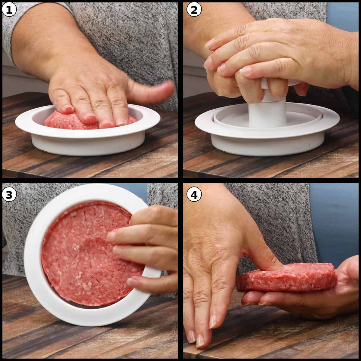 Step-by-step collage showing how to form burger patties with a burger press: placing ground beef in the press, pressing the lid down, removing the formed patty, and holding the uniform patty.