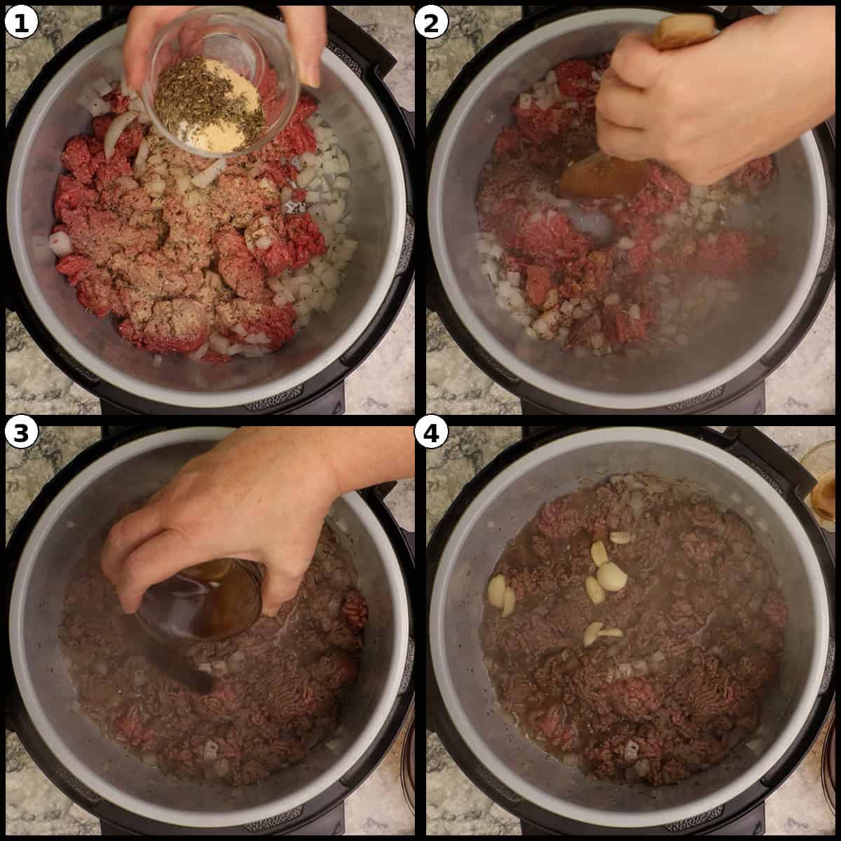 Four-step process showing how to add seasonings, Worcestershire sauce, and garlic cloves to browned ground beef in a pressure cooker for American goulash.