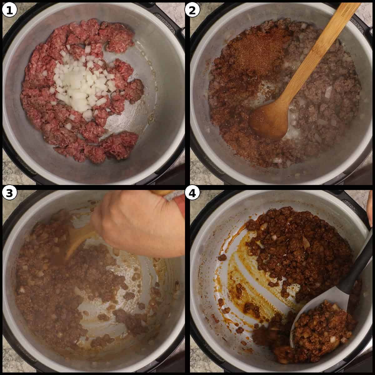 Step by step graphic with four numbered panels finishing the seasoned taco meat: 1) diced onion added to the cooked beef, 2) sprinkling the homemade taco seasoning blend over the meat, 3) pouring in a small splash of water to hydrate the spices, 4) the finished glossy taco meat coated in a thick sauce.