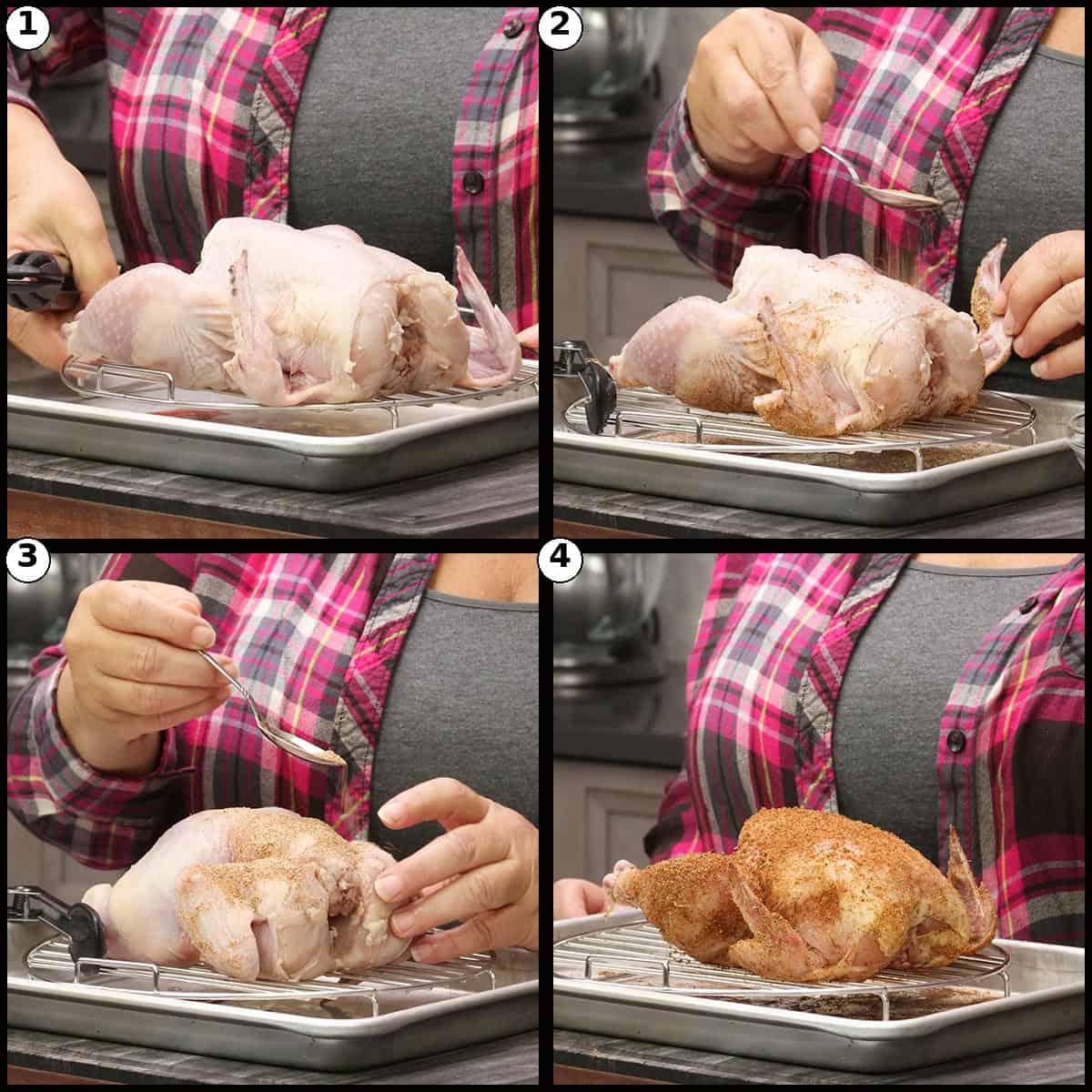 Step by step numbered collage showing how to season a cornish game hen for the air fryer: brushing the raw bird with oil and rubbing in seasoning mixture on a wire rack.