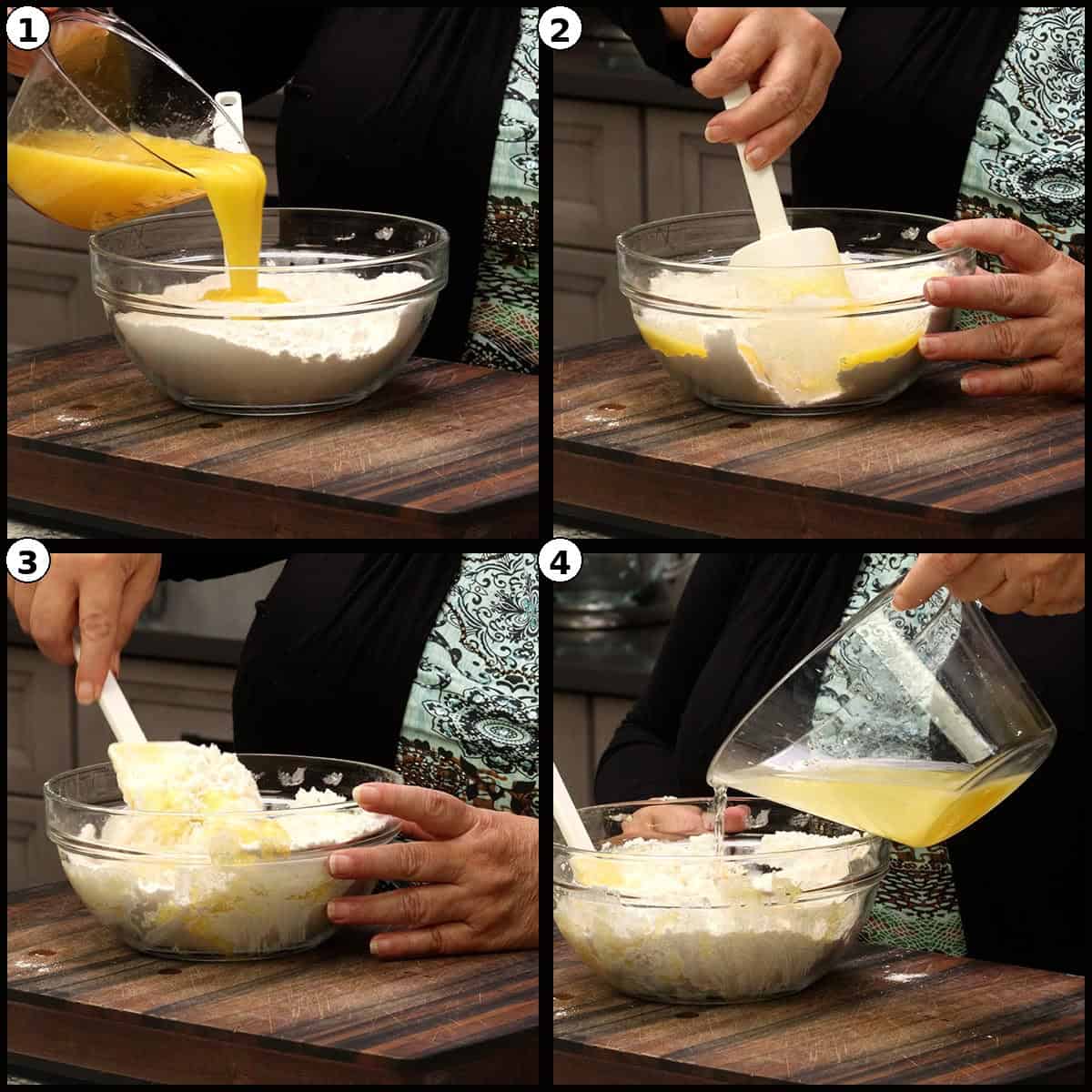 Numbered four panel collage of the egg and oil mixture being poured into the dry ingredients in a glass bowl and stirred together with a white spatula to begin forming the cake batter.