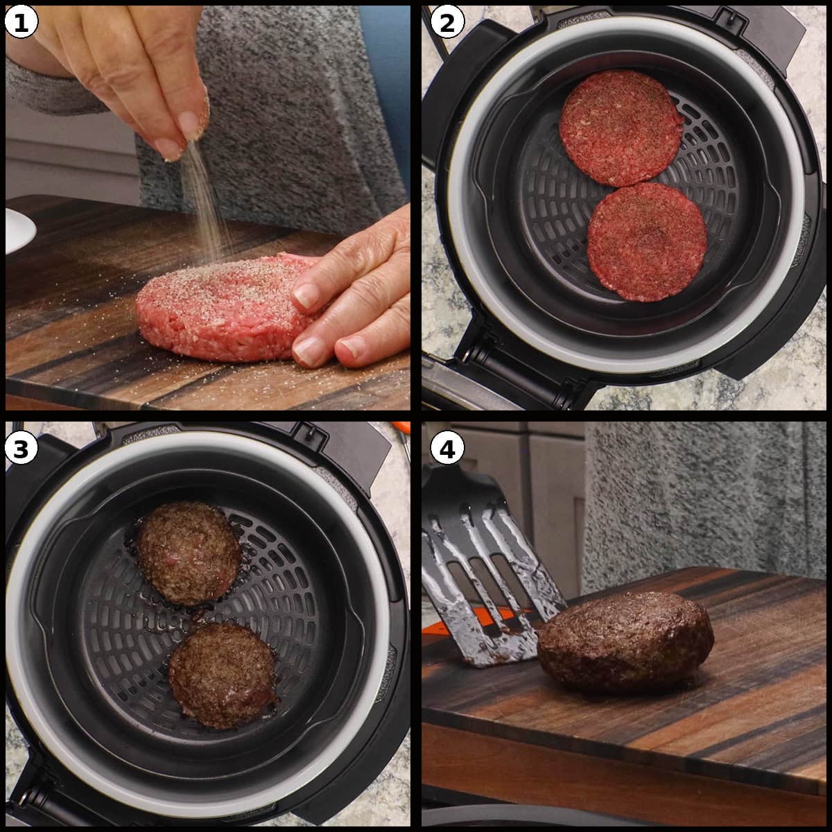 Step-by-step collage showing air frying burgers: seasoning patties with salt and pepper, two raw patties in the Ninja Foodi air fryer basket, cooked patties after flipping, and a cooked burger resting on a cutting board.