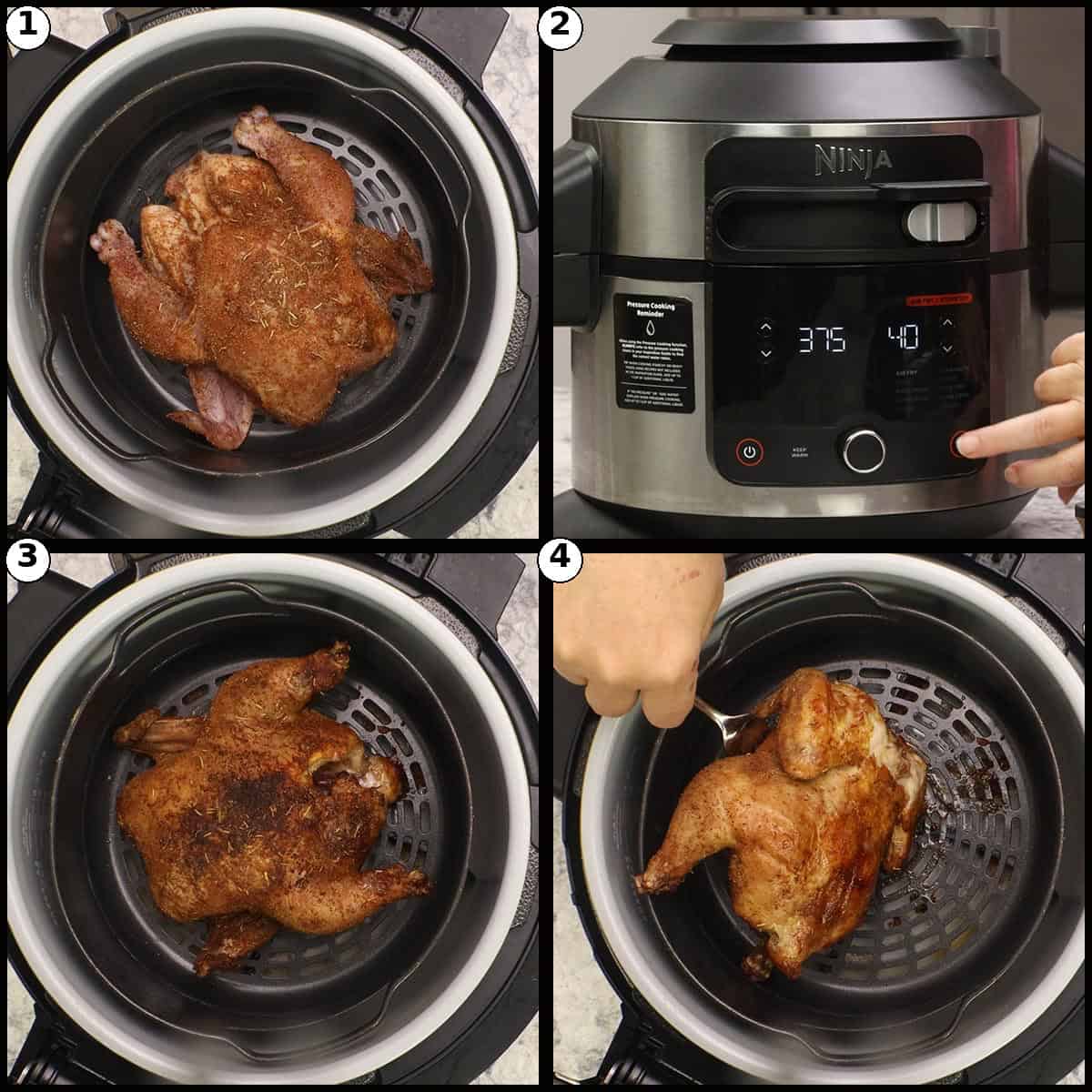 Step by step numbered collage showing an air fryer cornish game hen cooking in a Ninja Foodi basket at 375 degrees F, then flipped midway for even browning.