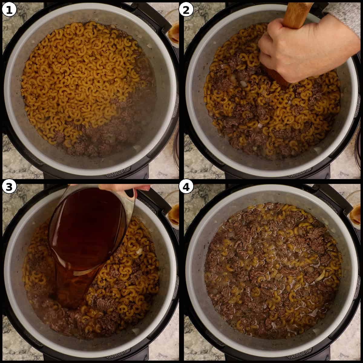 Four-step process showing elbow macaroni added to seasoned ground beef in a pressure cooker, then pouring in beef stock and stirring to combine for American goulash.