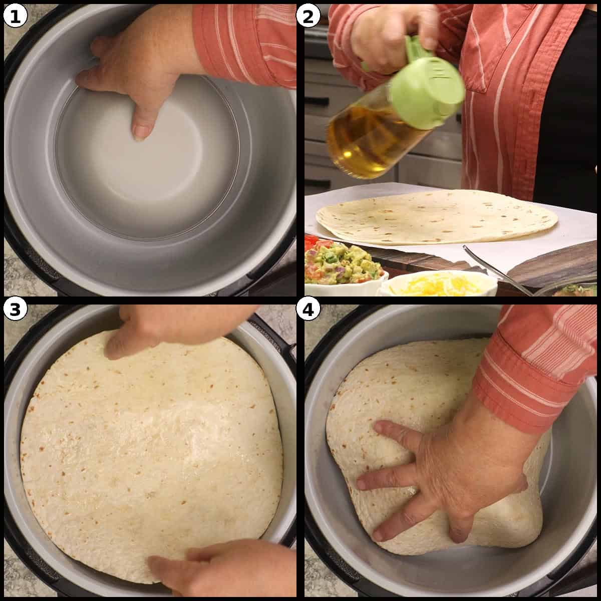 Step by step graphic with four numbered panels starting the air fryer tortilla shells: 1) pressing inside the inner pot to set up the crisping plate, 2) placing a small mixing bowl upside down on the plate, 3) spritzing both sides of a flour tortilla with avocado oil, 4) draping the oiled tortilla over the upside-down mixing bowl.