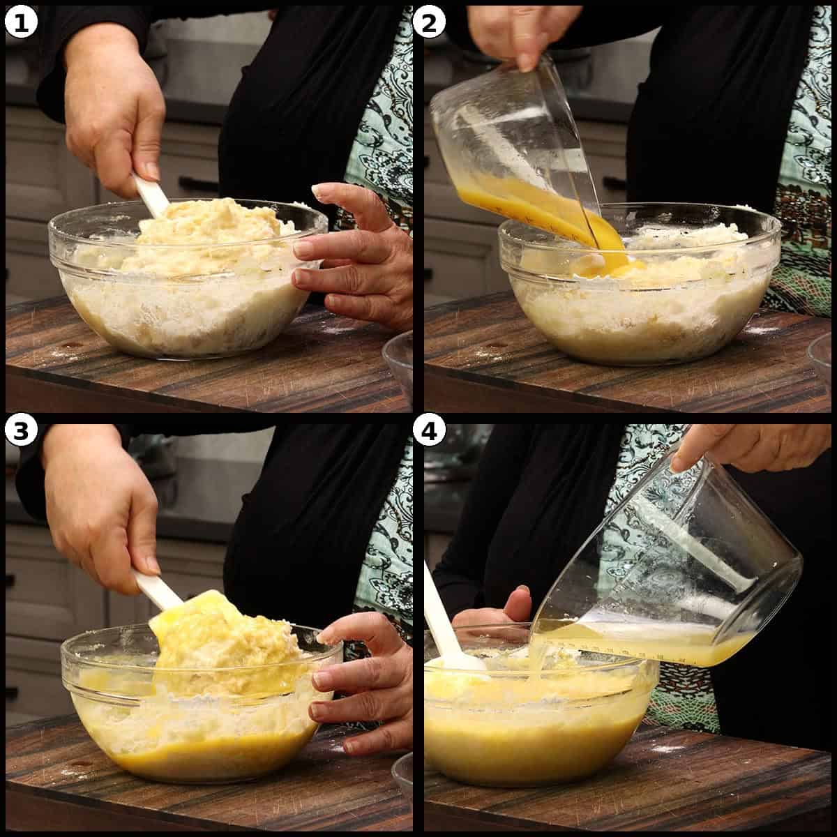 Numbered four panel collage of the cake batter being mixed in a glass bowl with a white spatula, with additional wet ingredients added in stages until smooth.