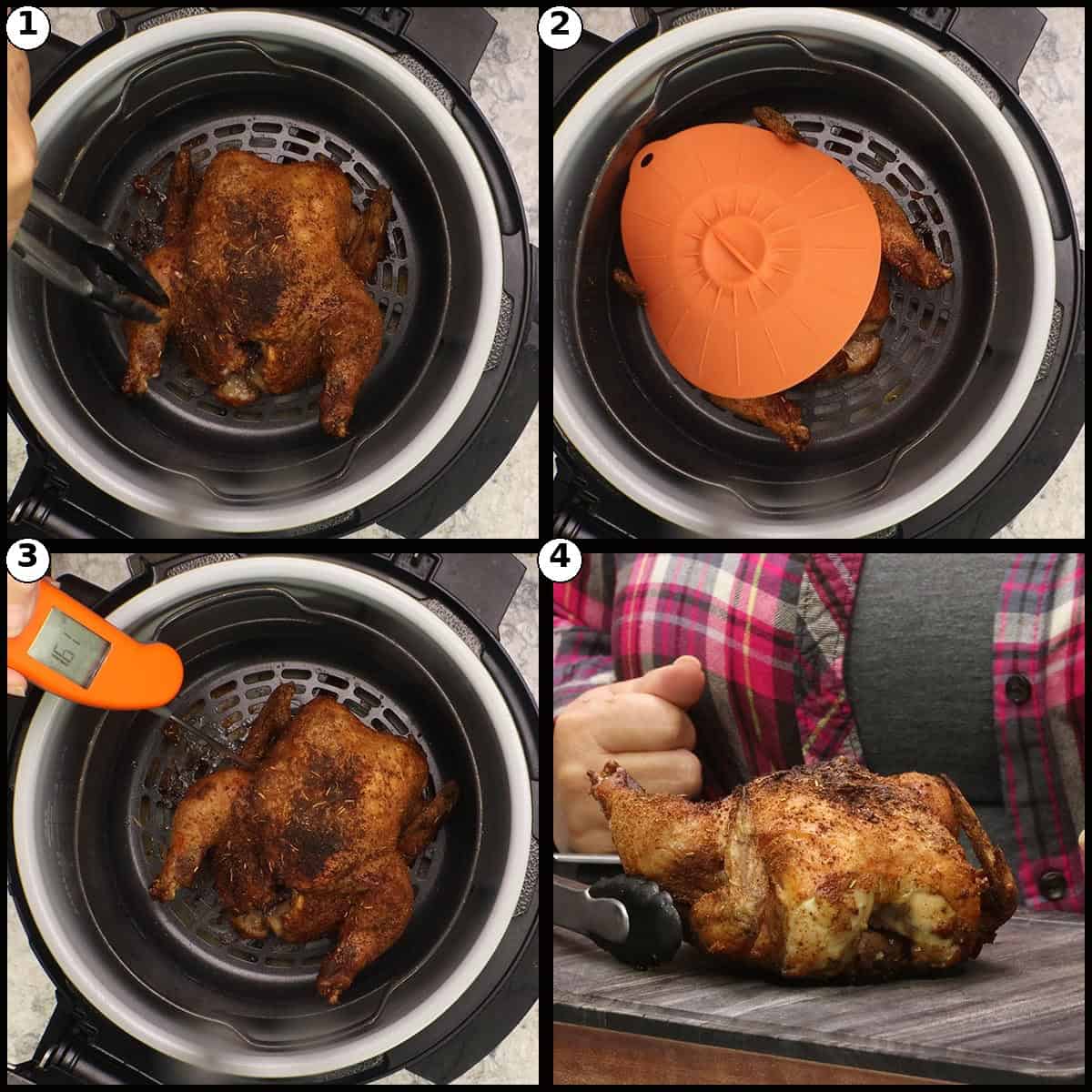 Step by step numbered collage showing the finished air fryer cornish game hen being checked with an instant read thermometer and lifted out of the air fryer basket with tongs.