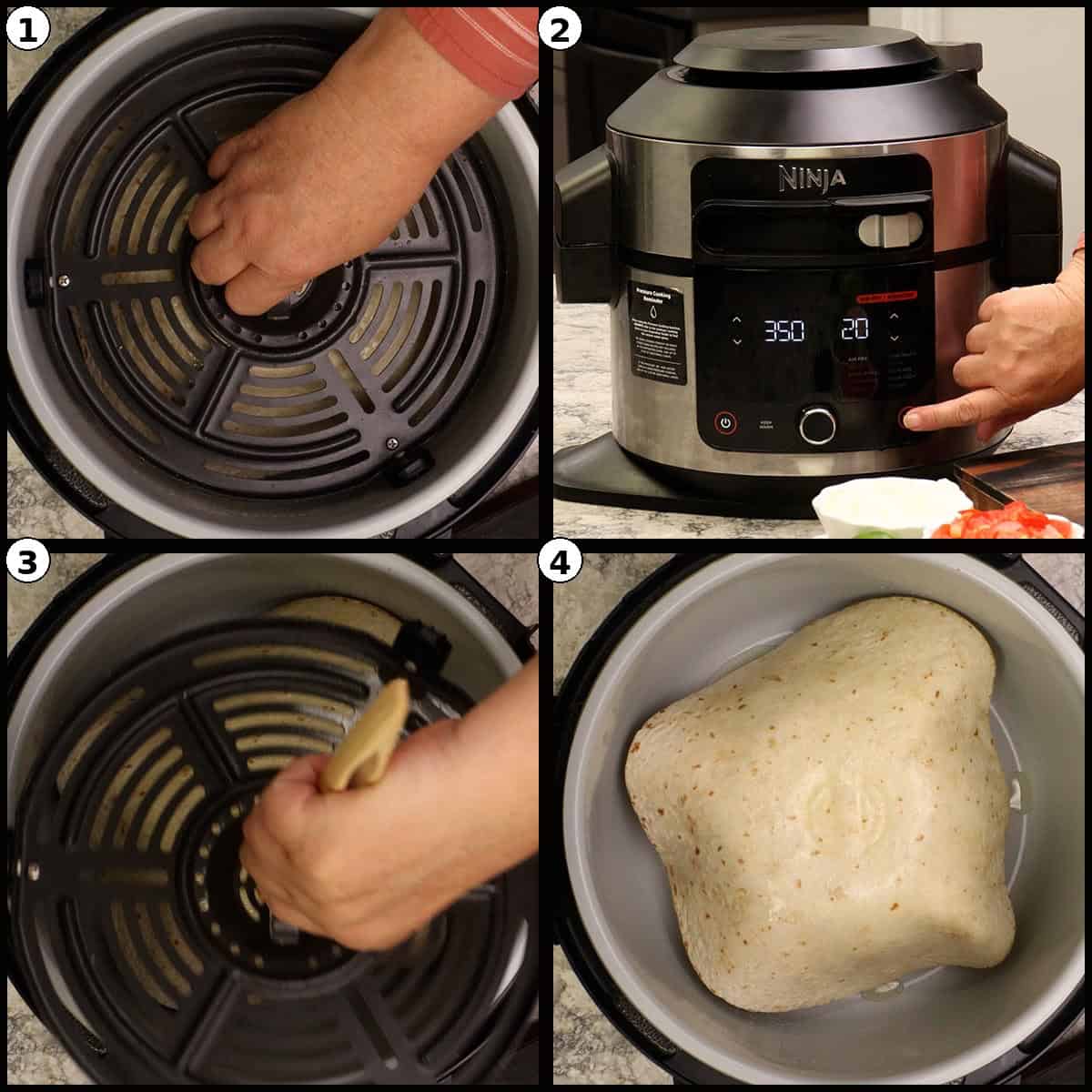Step by step graphic with four numbered panels starting to air fry the tortilla shell: 1) placing the air fryer basket and crisping plate, 2) Ninja Foodi set to 350 degrees for 20 minutes, 3) brushing the inside of the tortilla with oil, 4) the tortilla puffed into a domed bowl shape after initial cooking.