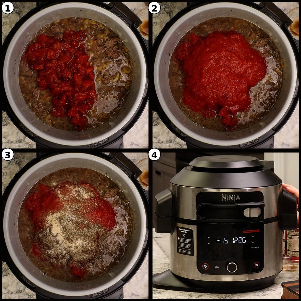 Four-step process showing diced tomatoes and crushed tomatoes being layered on top of the pasta and beef mixture in a Ninja pressure cooker before sealing the lid for American goulash.