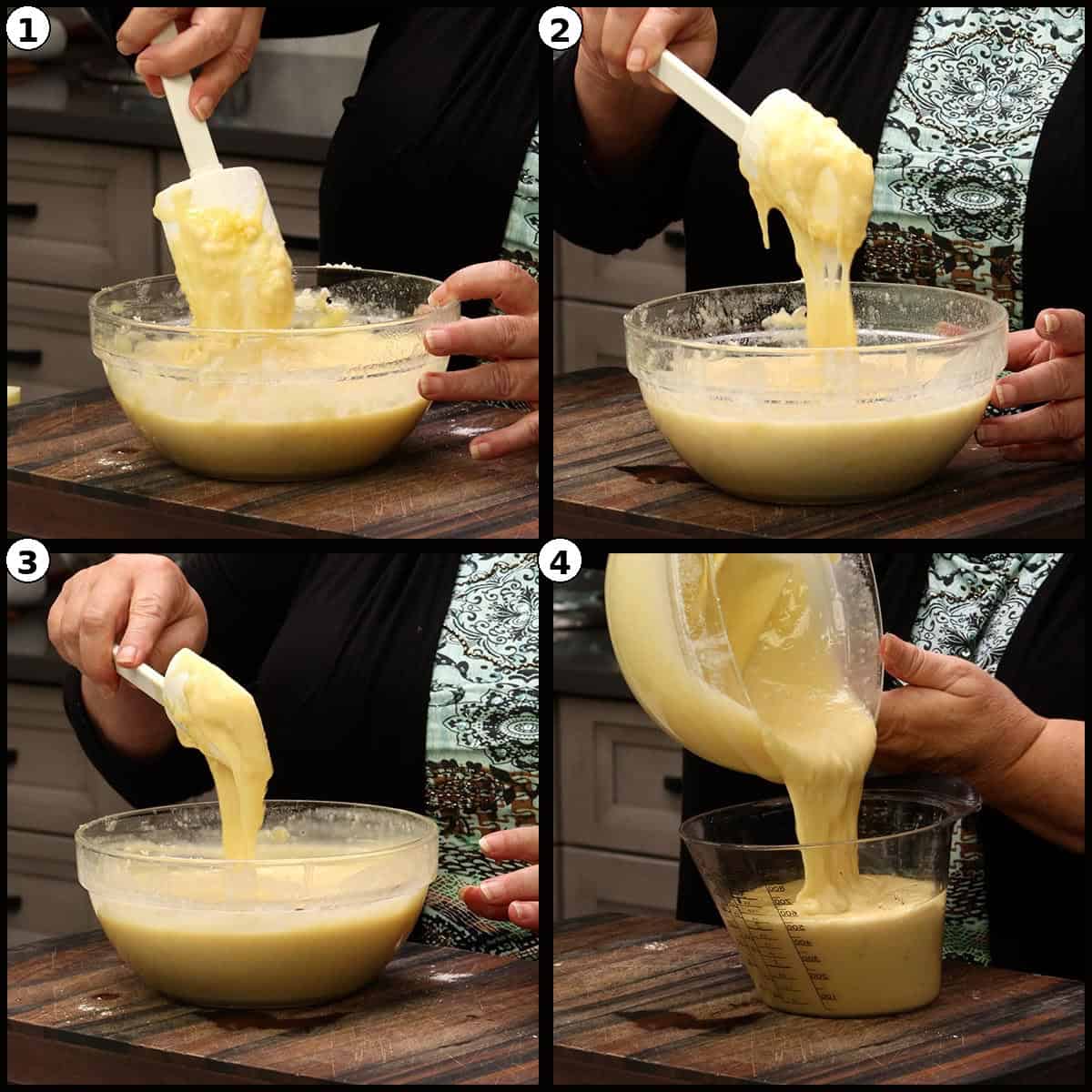 Numbered four panel collage showing the smooth, pale yellow finished pineapple upside down cake batter being lifted with a spatula and poured into a measuring cup.