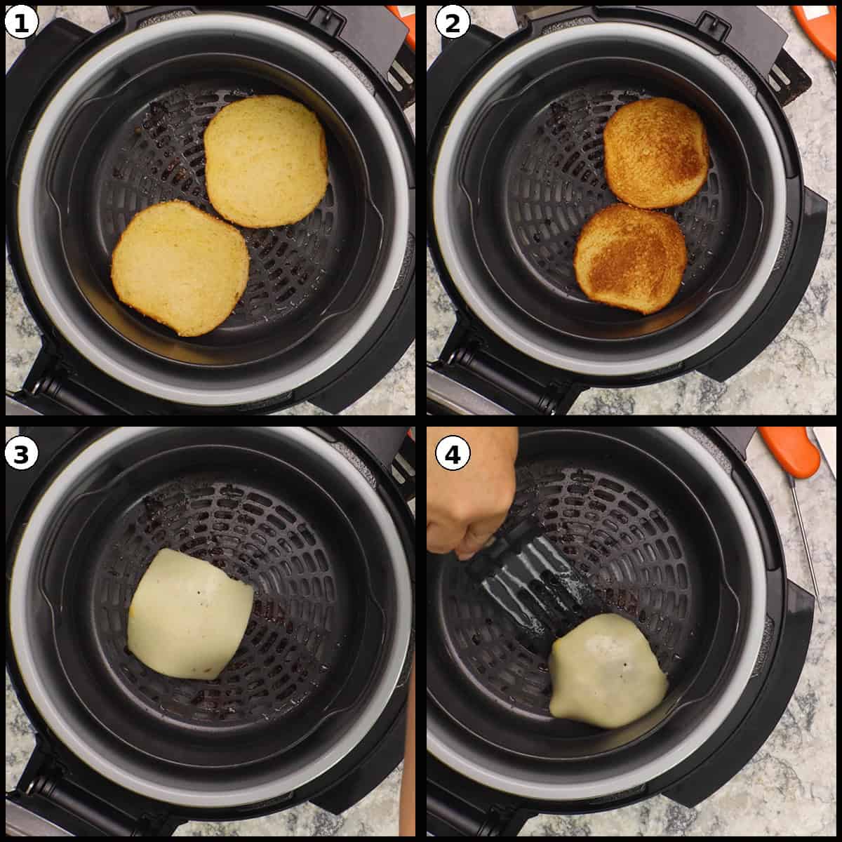 Step-by-step collage showing how to toast buns and melt cheese in the air fryer: placing bun halves in the basket, toasted golden buns, a burger patty with melted cheese in the basket, and lifting the cheesy patty with a spatula.