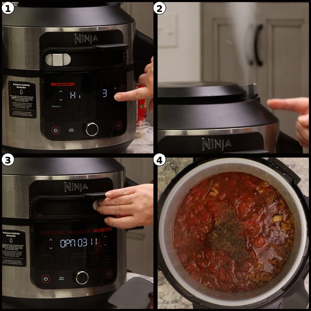 Four-step process showing how to set the Ninja pressure cooker to pressure cook mode for 3 minutes, lock the lid, and the finished American goulash after the pressure cycle with herbs visible on top.