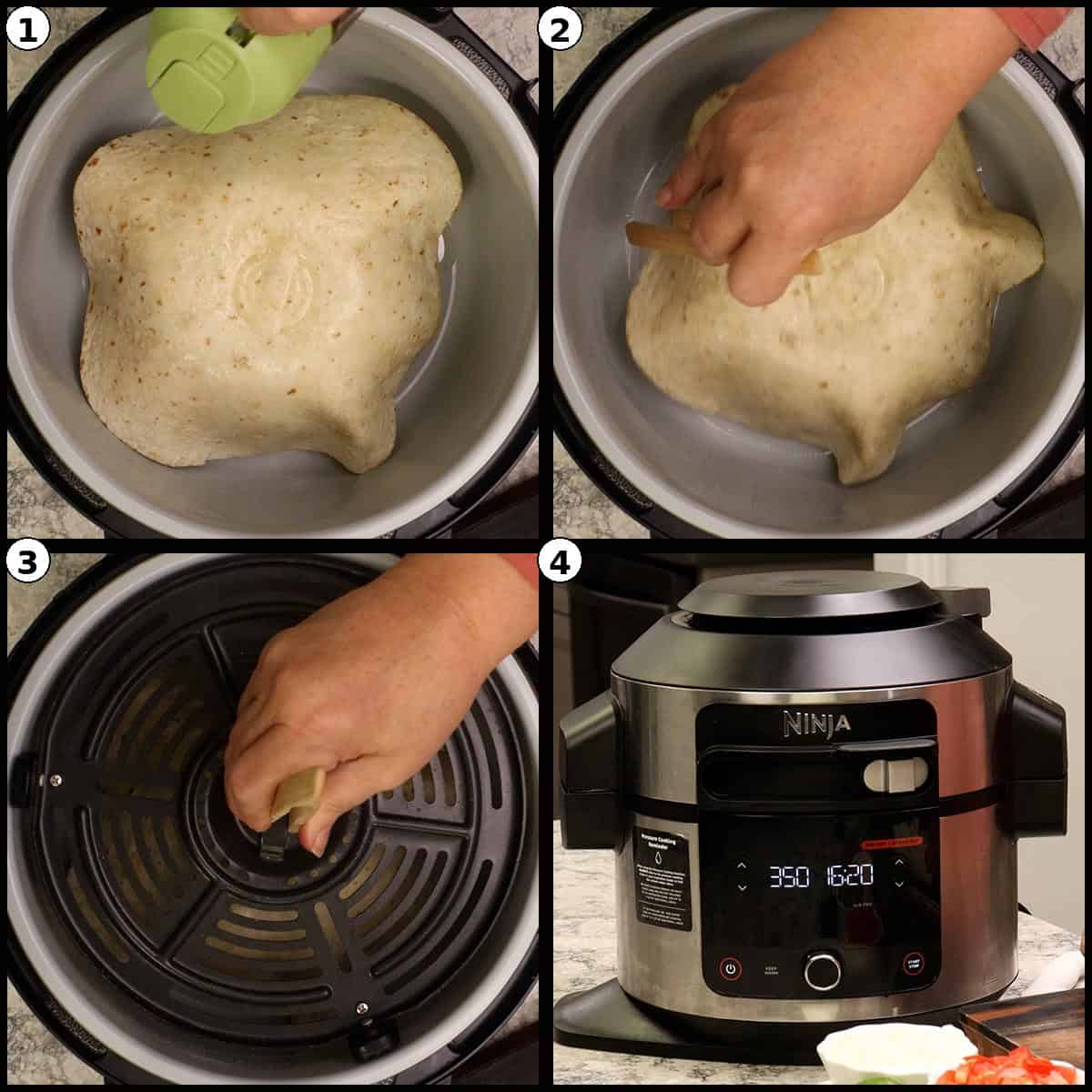 Step by step graphic with four numbered panels continuing to air fry the shell: 1) misting the puffed tortilla with oil, 2) brushing oil onto the puffed shell, 3) brushing the air fryer crisping plate with oil, 4) Ninja Foodi display showing 350 degrees and 16 minutes 20 seconds remaining.