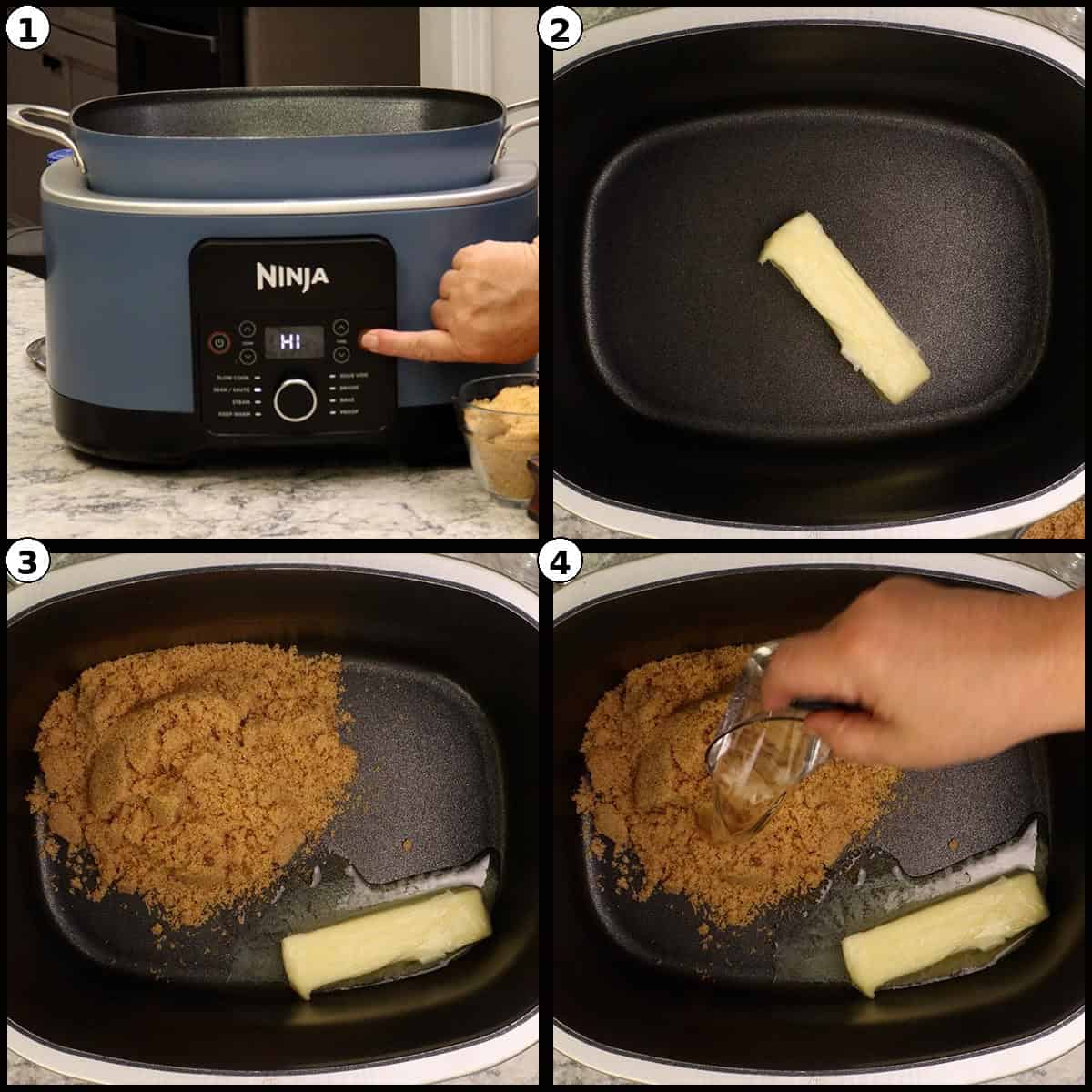 Numbered four panel collage of the Ninja Possible Cooker Pro on the Sear setting with a stick of butter, brown sugar, and water added to the pot to start the caramel topping.