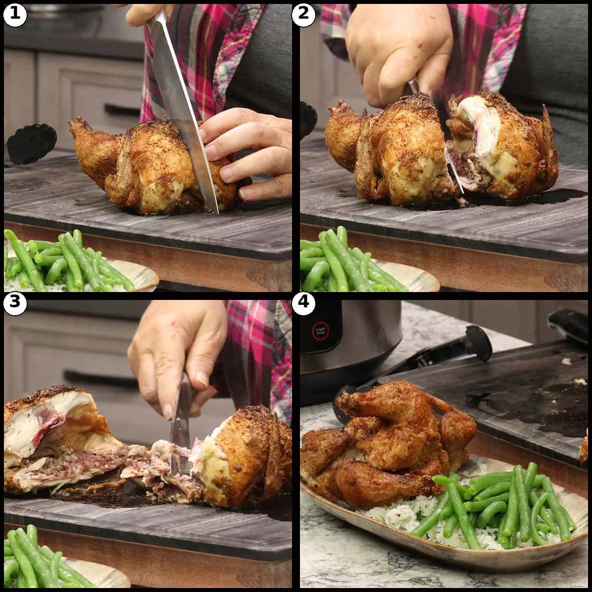 Step by step numbered collage showing how to carve and serve an air fryer cornish game hen with a sharp knife alongside fluffy rice and green beans.