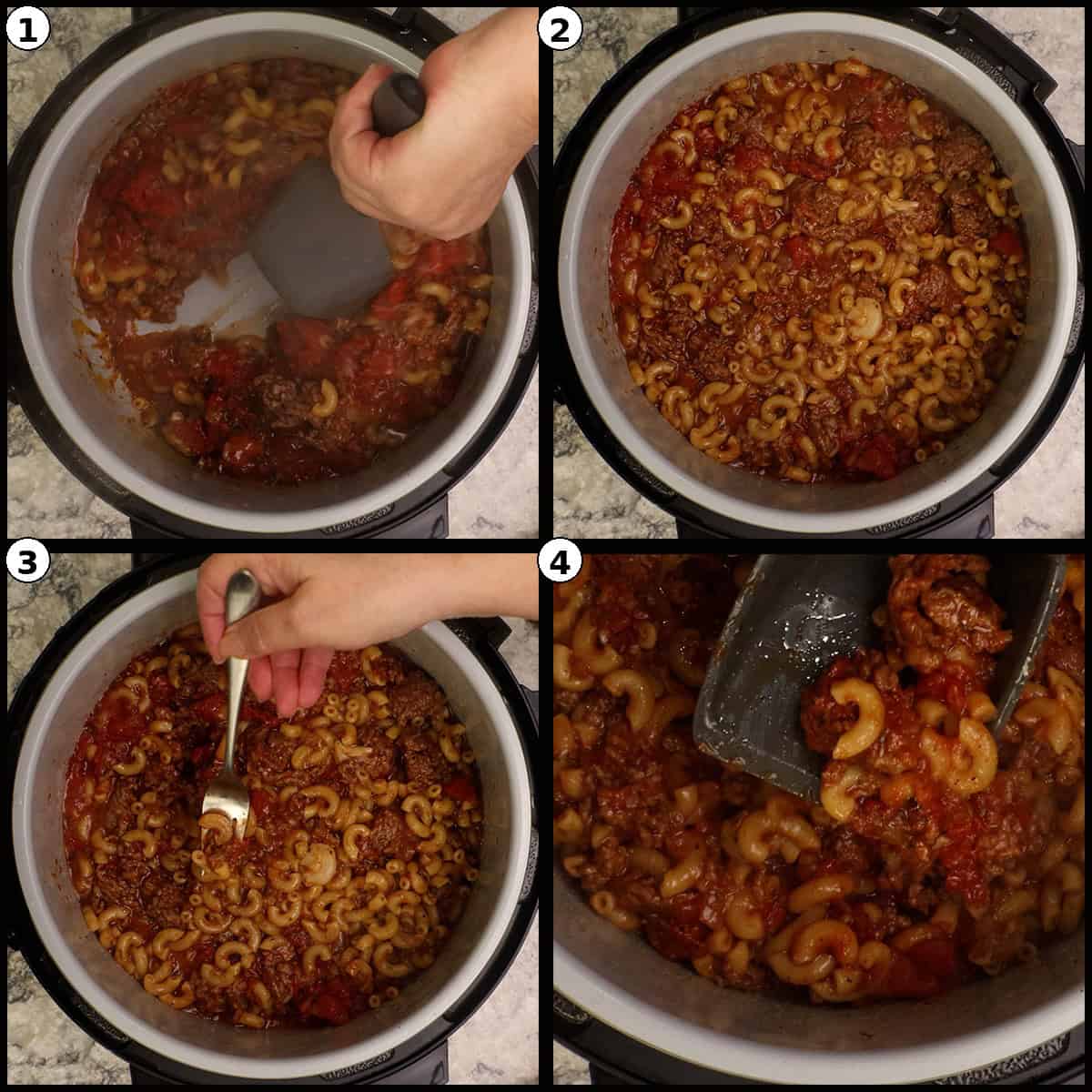 Four-step process showing the American goulash after pressure cooking, stirring the elbow macaroni and beef mixture together with a large spoon, revealing the thick tomato-based sauce coating the pasta.