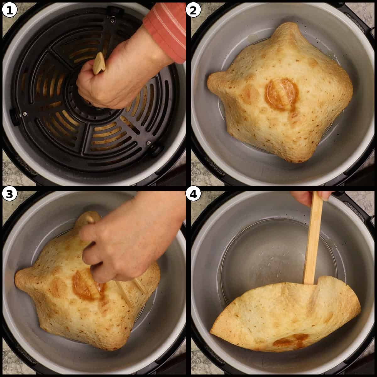 Step by step graphic with four numbered panels finishing the outside of the tortilla shell: 1) brushing the crisping plate clean, 2) the golden crispy bowl close to done, 3) checking the edges for even browning, 4) the tortilla shell crisp and golden ready to flip.