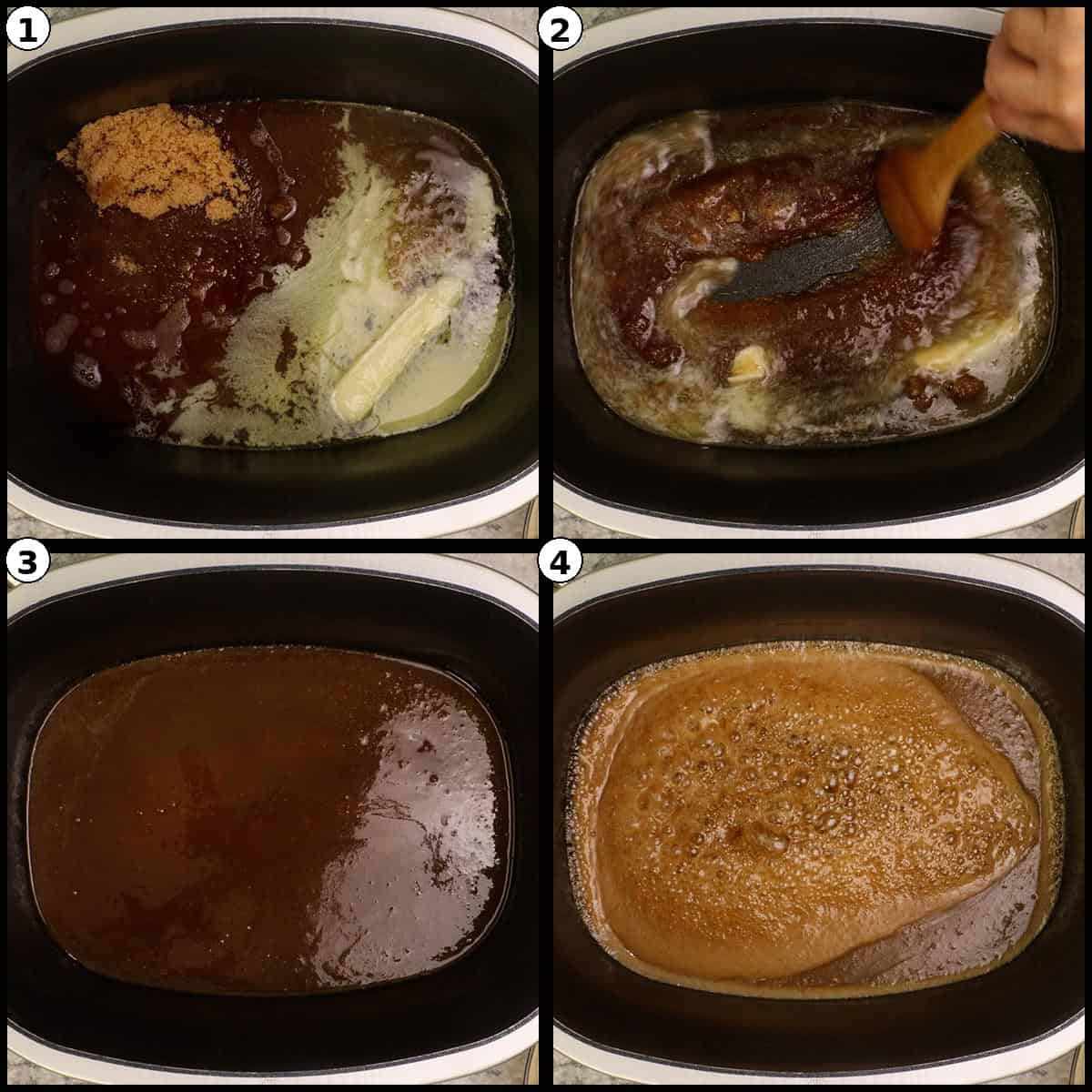 Numbered four panel collage of butter and brown sugar melting and being stirred in the Possible Cooker Pro until it forms a smooth, bubbling caramel topping.
