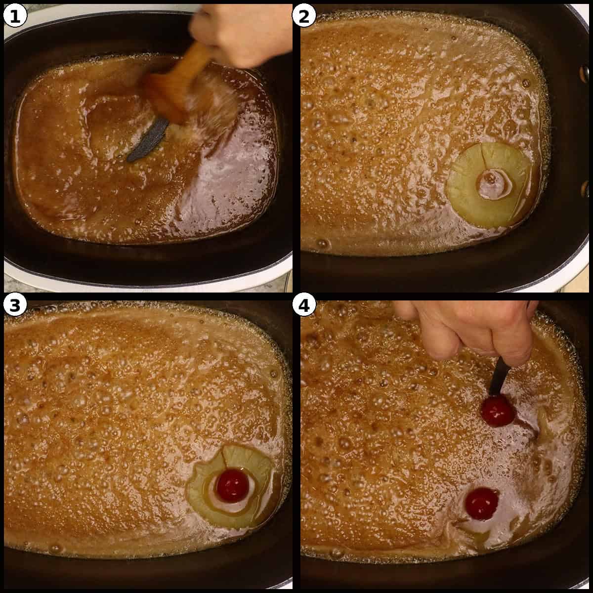 Numbered four panel collage of the caramel topping being stirred, then a pineapple ring with a maraschino cherry being placed into the bubbling caramel.