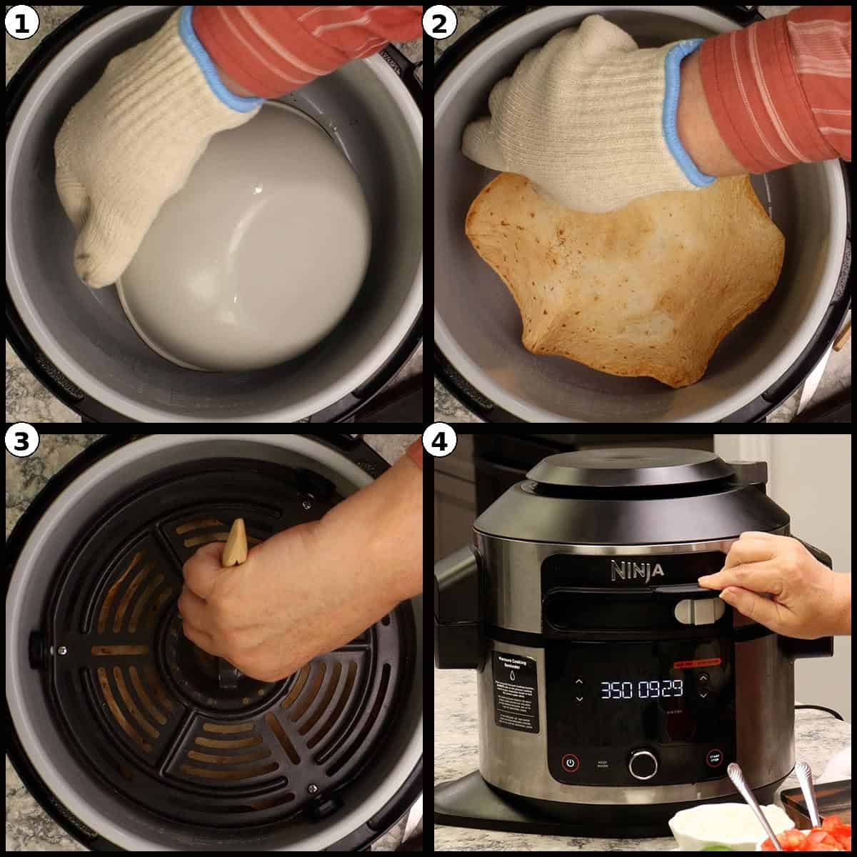 Step by step graphic with four numbered panels finishing the shell after flipping it: 1) lifting the shell with a heat resistant glove, 2) the flipped golden brown tortilla shell back in the pot, 3) brushing the inside crisping plate with oil, 4) Ninja Foodi display showing 350 degrees and 9 minutes 29 seconds remaining.