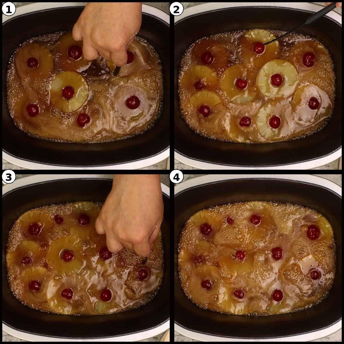 Numbered four panel collage of pineapple rings and maraschino cherries being arranged in the caramel topping in the Possible Cooker Pro pot.