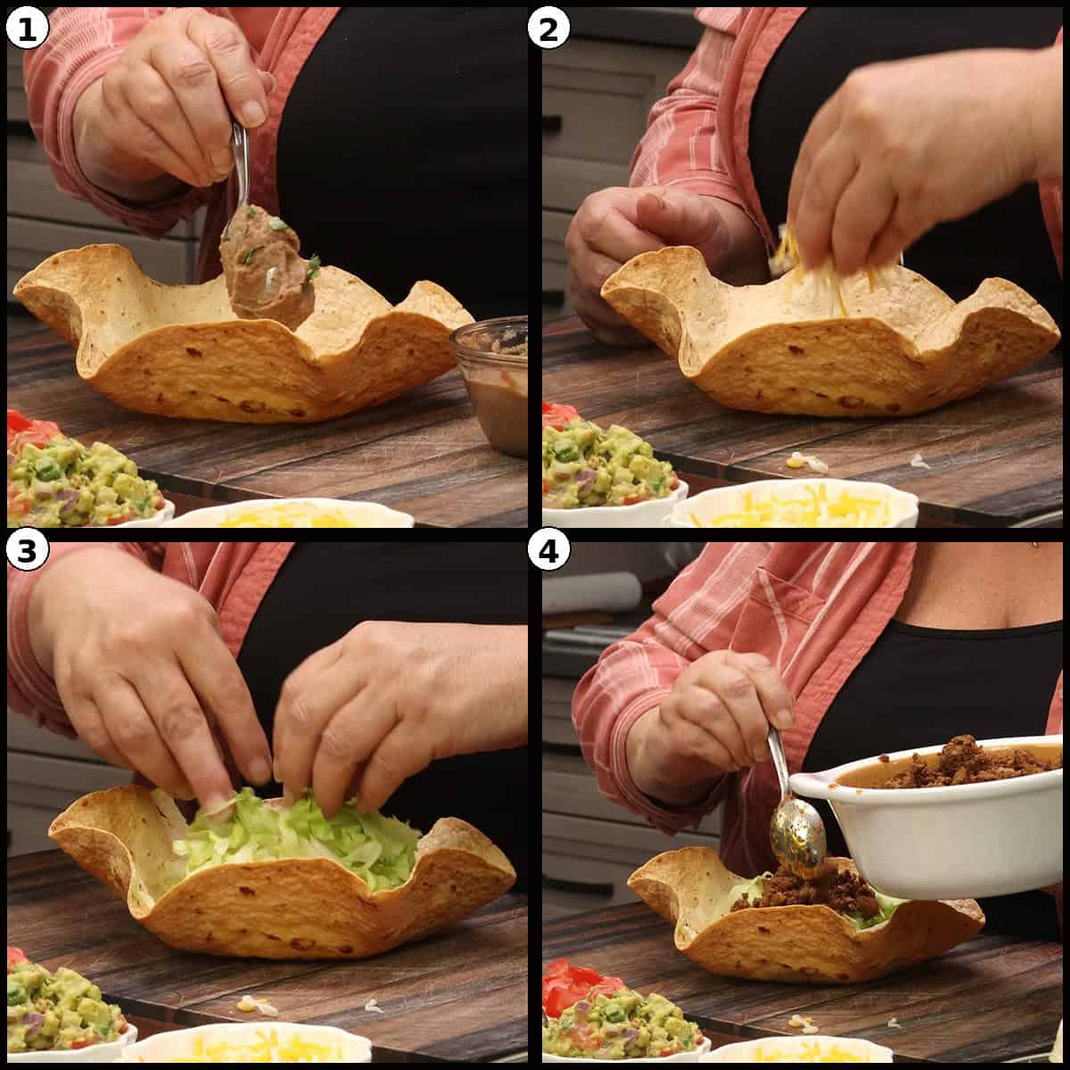 Step by step graphic with four numbered panels starting to build the taco salad bowl: 1) spooning refried beans into the bottom of the crispy tortilla bowl, 2) sprinkling shredded cheese over the beans, 3) adding a bed of shredded romaine lettuce, 4) spooning warm seasoned taco meat over the lettuce.