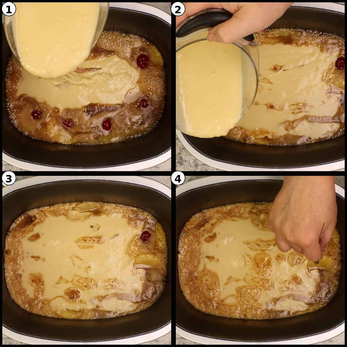 Numbered four panel collage of cake batter being poured over the pineapple rings and caramel in the Possible Cooker Pro pot, then spread evenly across the surface.