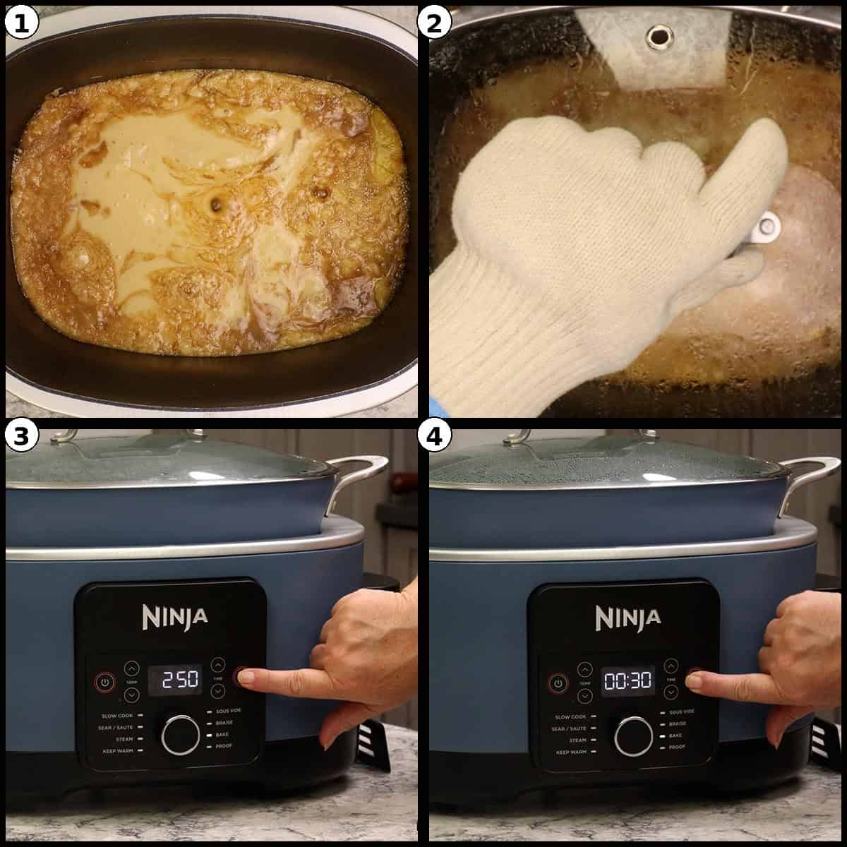 Numbered four panel collage of the cake batter ready in the pot, the glass lid placed on top, and the Ninja Possible Cooker Pro display showing the bake settings and timer.