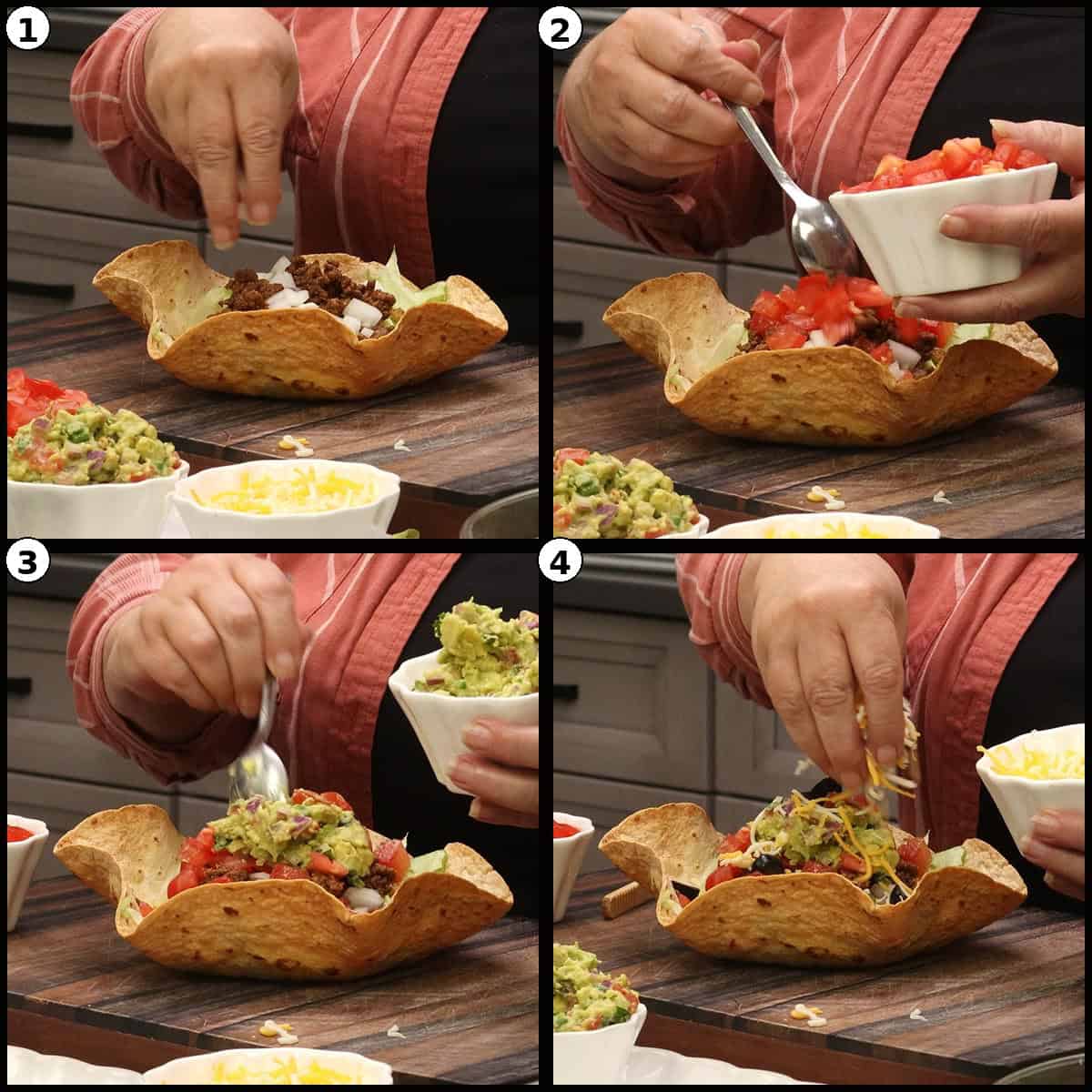 Step by step graphic with four numbered panels adding the taco salad toppings: 1) sprinkling diced onion over the meat, 2) adding diced tomatoes and pico de gallo, 3) topping with sliced black olives and pickled jalapenos, 4) finishing with a generous scoop of guacamole.