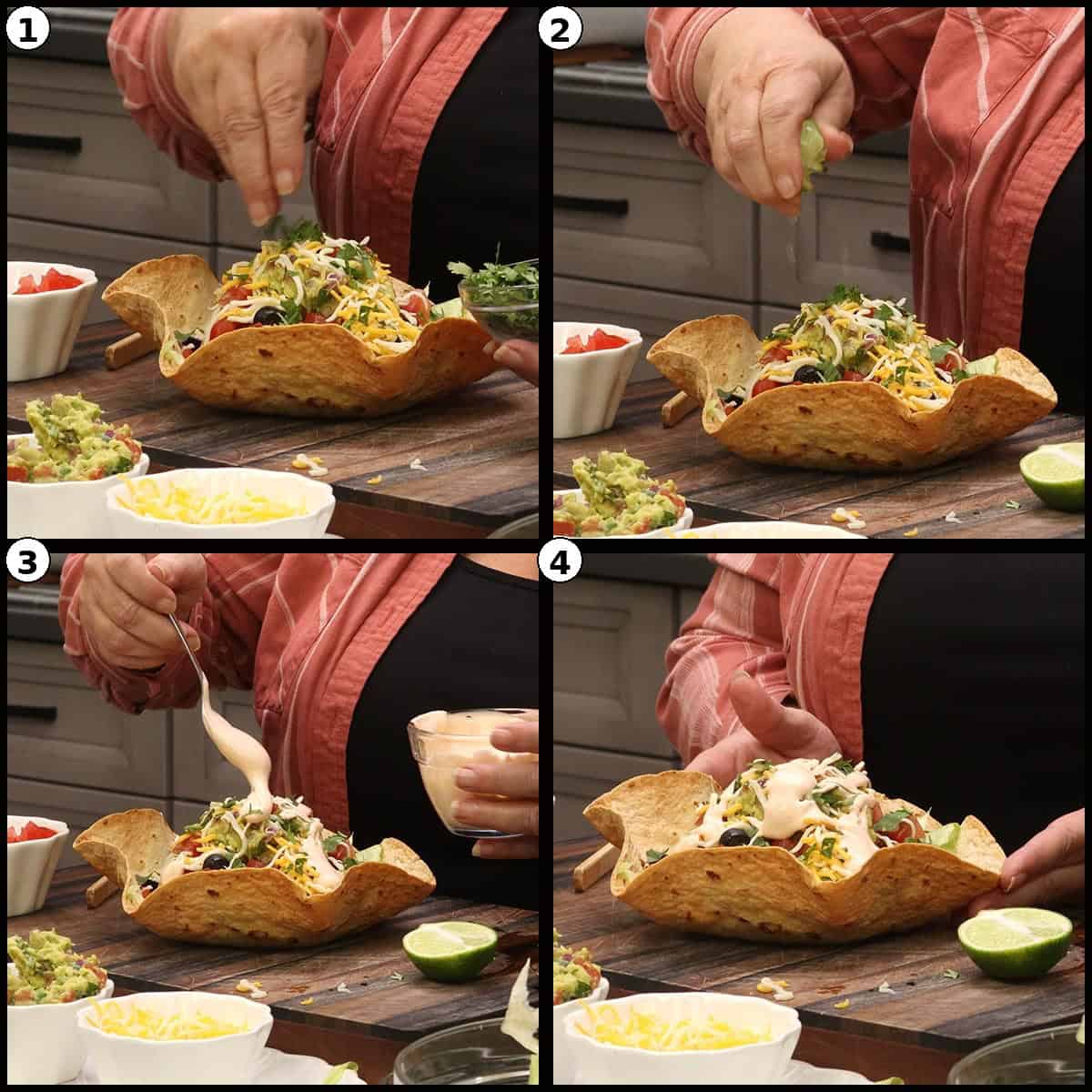 Step by step graphic with four numbered panels finishing the taco salad bowl: 1) sprinkling chopped cilantro on top, 2) squeezing fresh lime over the bowl, 3) drizzling the Mexican crema dressing across the salad, 4) the finished crispy taco salad bowl ready to serve.