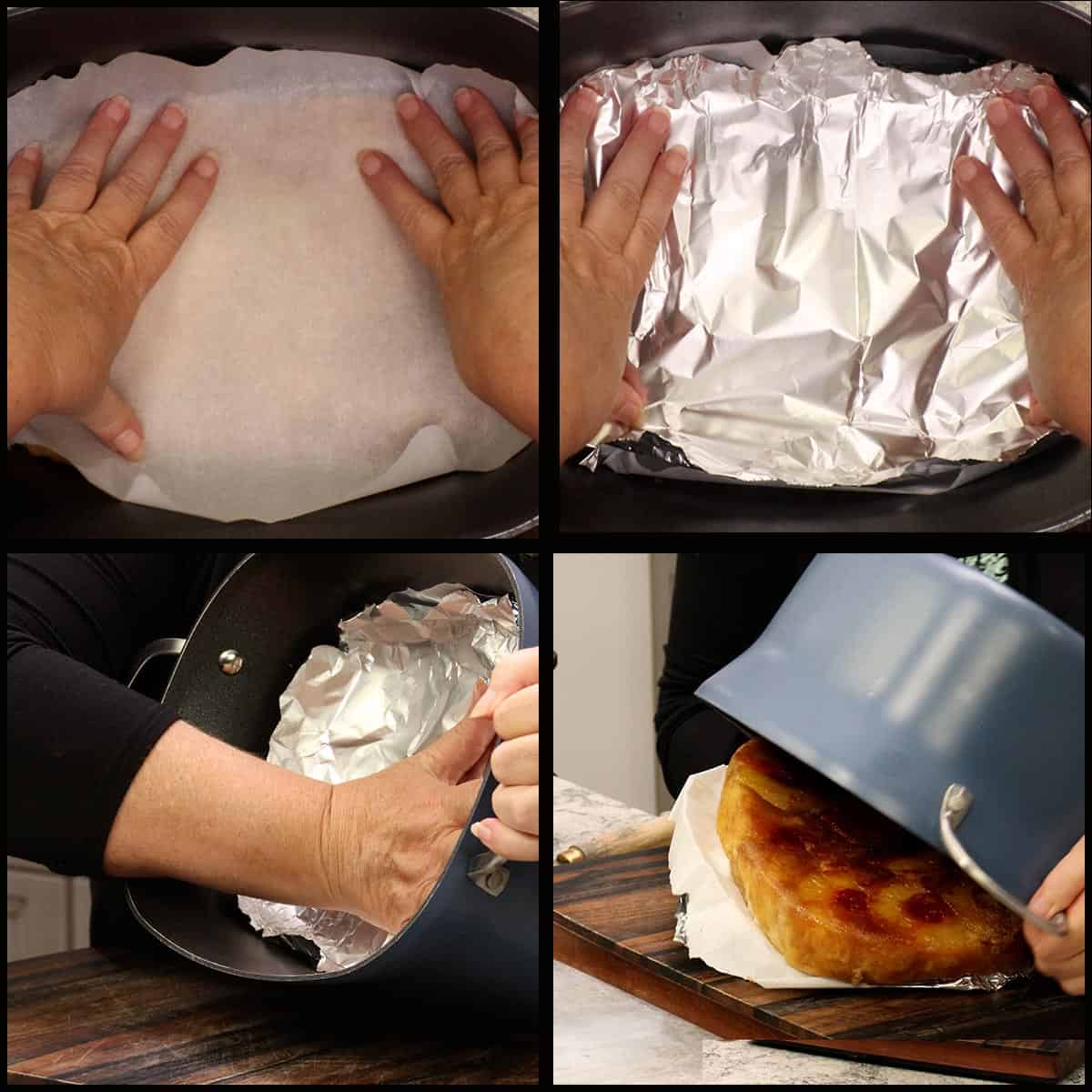 Numbered four panel collage of parchment paper being pressed over the cake, foil added, and the Possible Cooker Pro pot being flipped to release the pineapple upside down cake onto a wooden board.