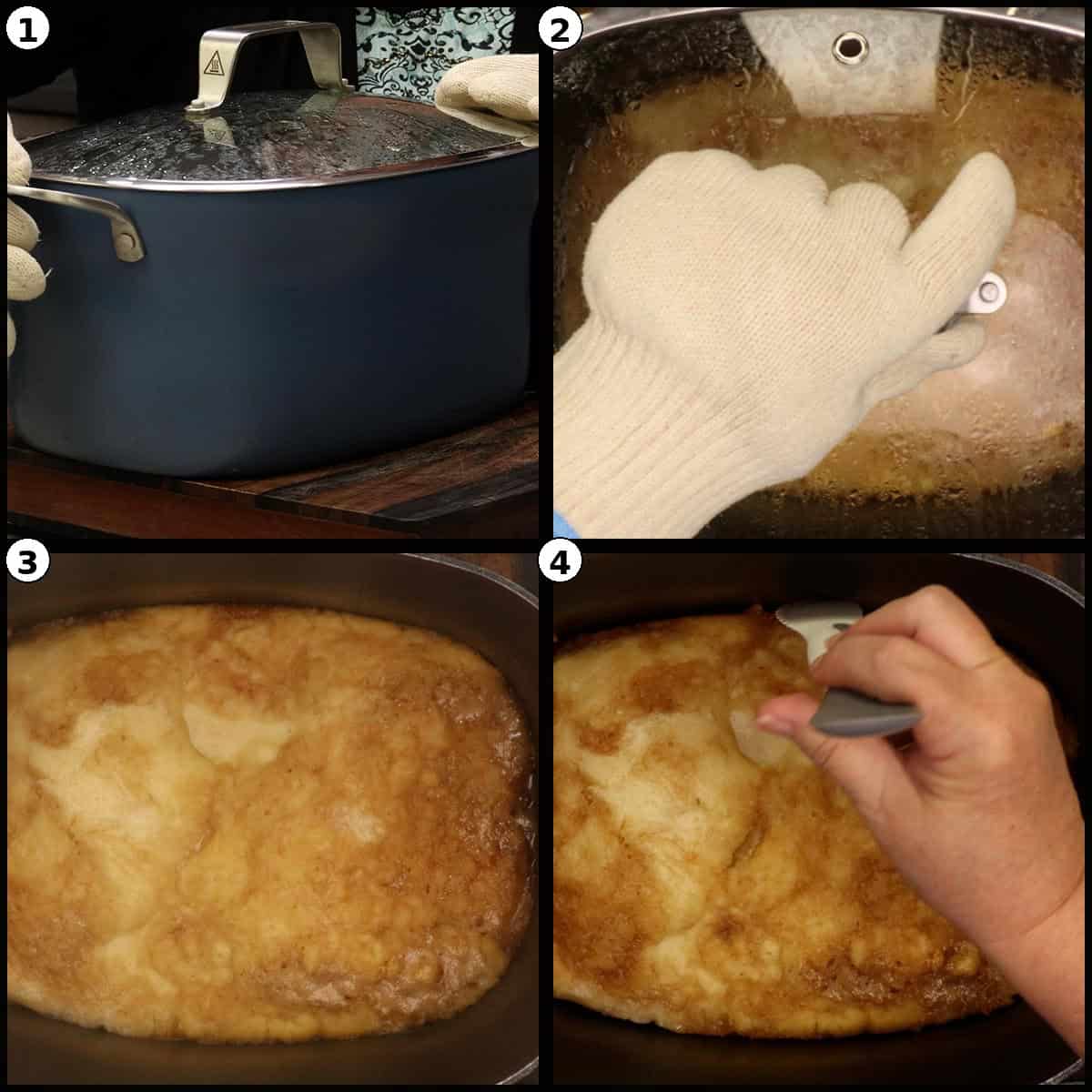 Numbered four panel collage showing the blue Possible Cooker Pro with its glass lid on, oven mitts handling the hot pot, and the baked golden pineapple upside down cake with a cinnamon sugar top.