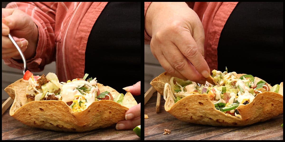 eating the taco salad with a piece of the crispy tortilla shell. 