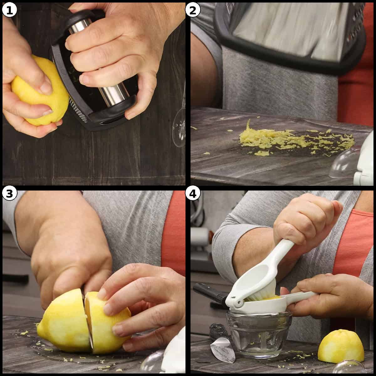 Four panel step by step photo collage showing how to prep the lemon for strawberry vinaigrette dressing: 1) zesting a lemon with a rotary zester, 2) lemon zest piled on a dark wooden board, 3) slicing the zested lemon in half, 4) juicing the lemon halves with a hand squeezer into a glass measuring cup.