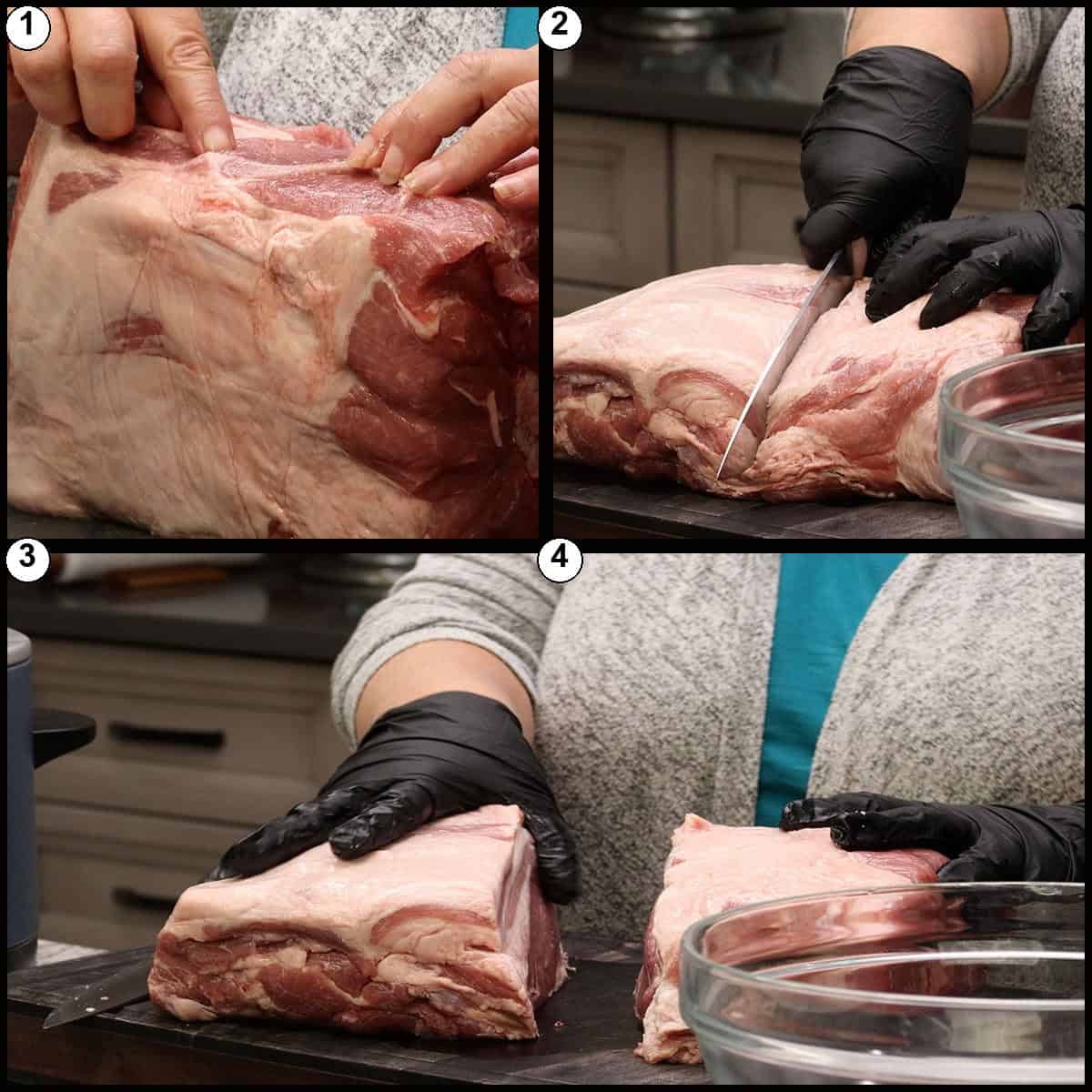Numbered collage showing the pork shoulder being cut in half on a cutting board